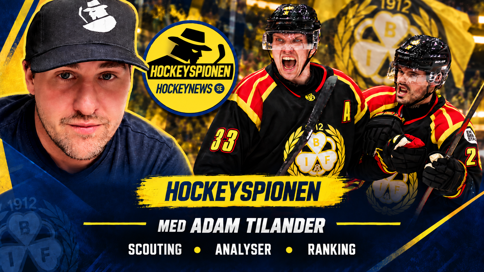 En grafisk banderoll för "Hockeyspionen med Adam Tilander" med en bild på honom samt två jublande ishockeyspelare. En banderoll för programmet Hockeyspionen med Adam Tilander, med en bild på honom i keps bredvid två jublande ishockeyspelare i matchtröjor. En grafisk bild för "Hockeyspionen" med Adam Tilander, som visar en man i keps samt två jublande ishockeyspelare i matchtröjor.