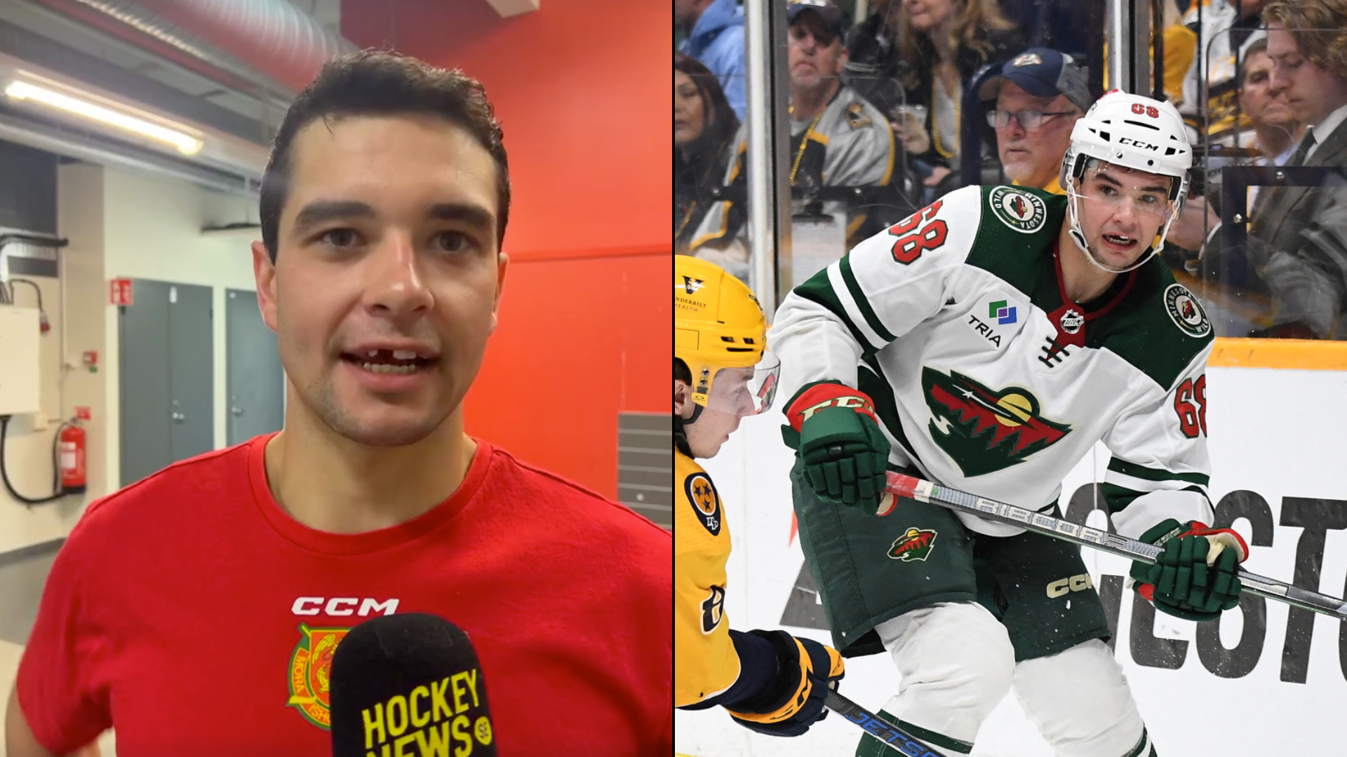 Fotokollage med två bilder: till vänster en ung man i röd CCM-tröja, till höger en ishockeyspelare i vit och grön tröja under en match.