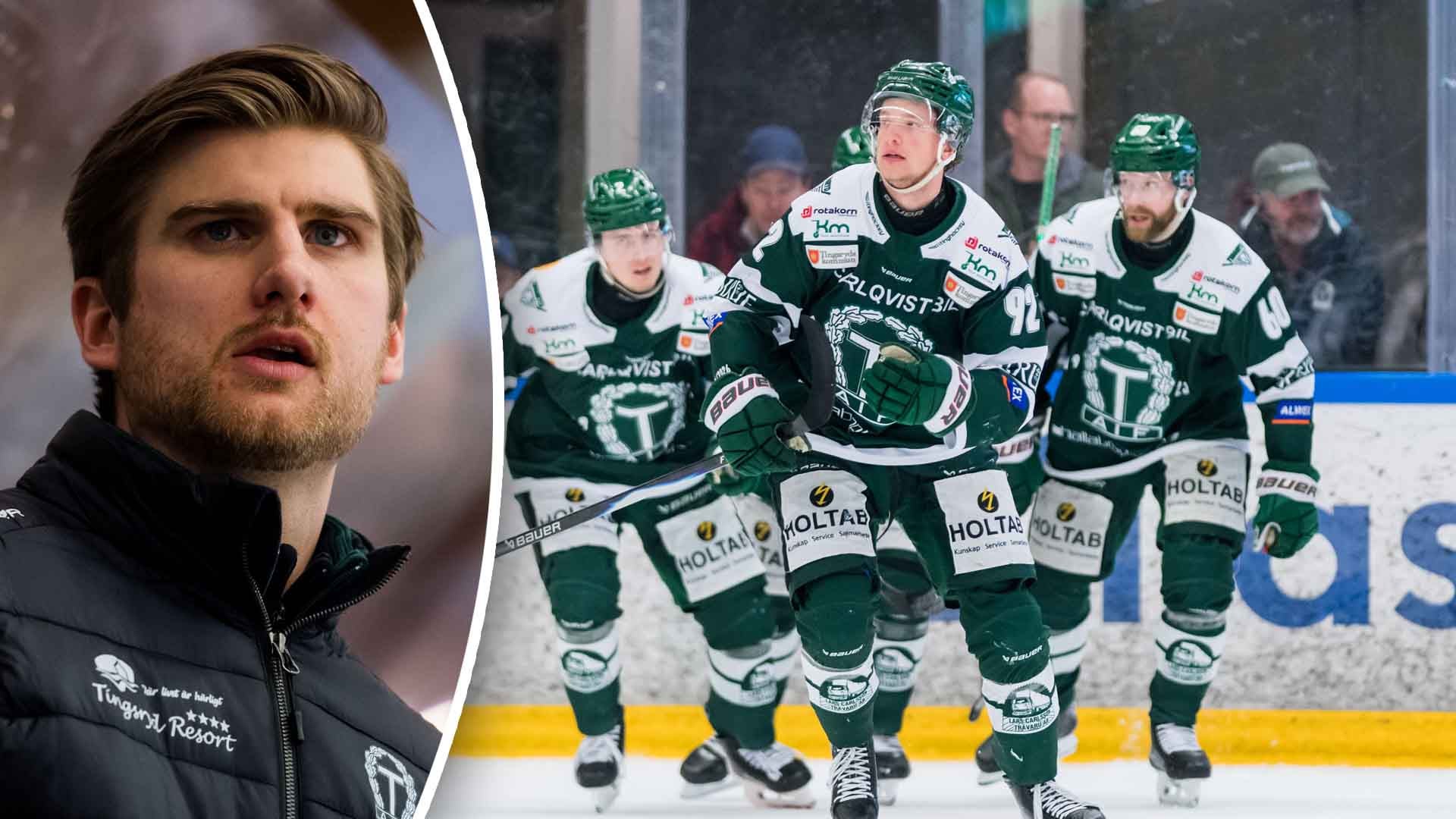 Kollage med två bilder: till vänster porträtt av en man i svart jacka, till höger ishockeyspelare i gröna och vita tröjor som går tillsammans på isen under en match.