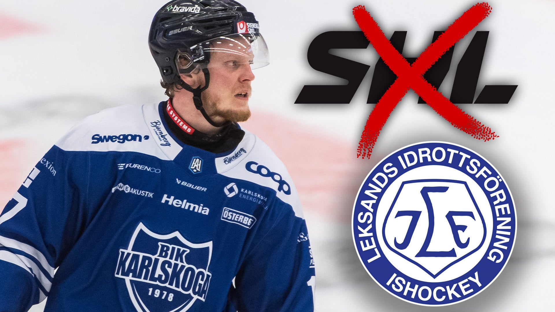 Ishockeyspelare i blå Västra Frölunda-tröja. Bilden visar ett rött kryss över SHL-logon och Leif Idrottssällskapets ishockey-emblem.