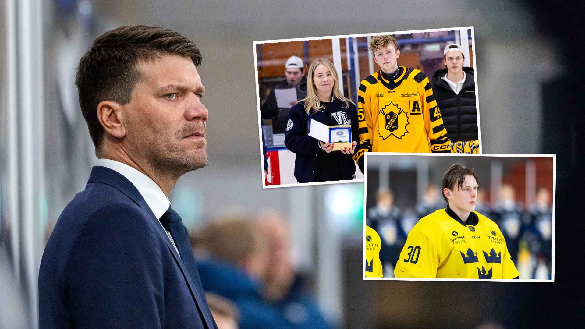 Kollage med man i mörk kostym i profil på vänster sida och flera foton på höger sida som visar ishockeyspelare i gul och svart utrustning.