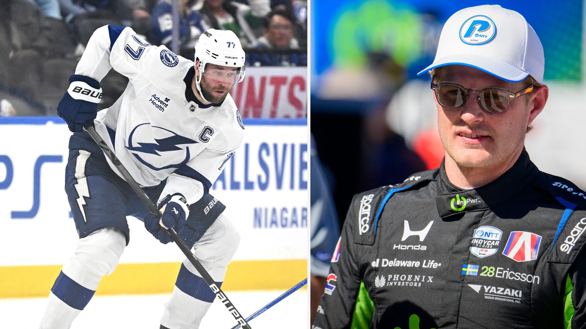 Sammansatt bild av två idrottare: en ishockeyspelare i vit och mörkblå uniform och en racerförare i svart racing-outfit med vit keps.