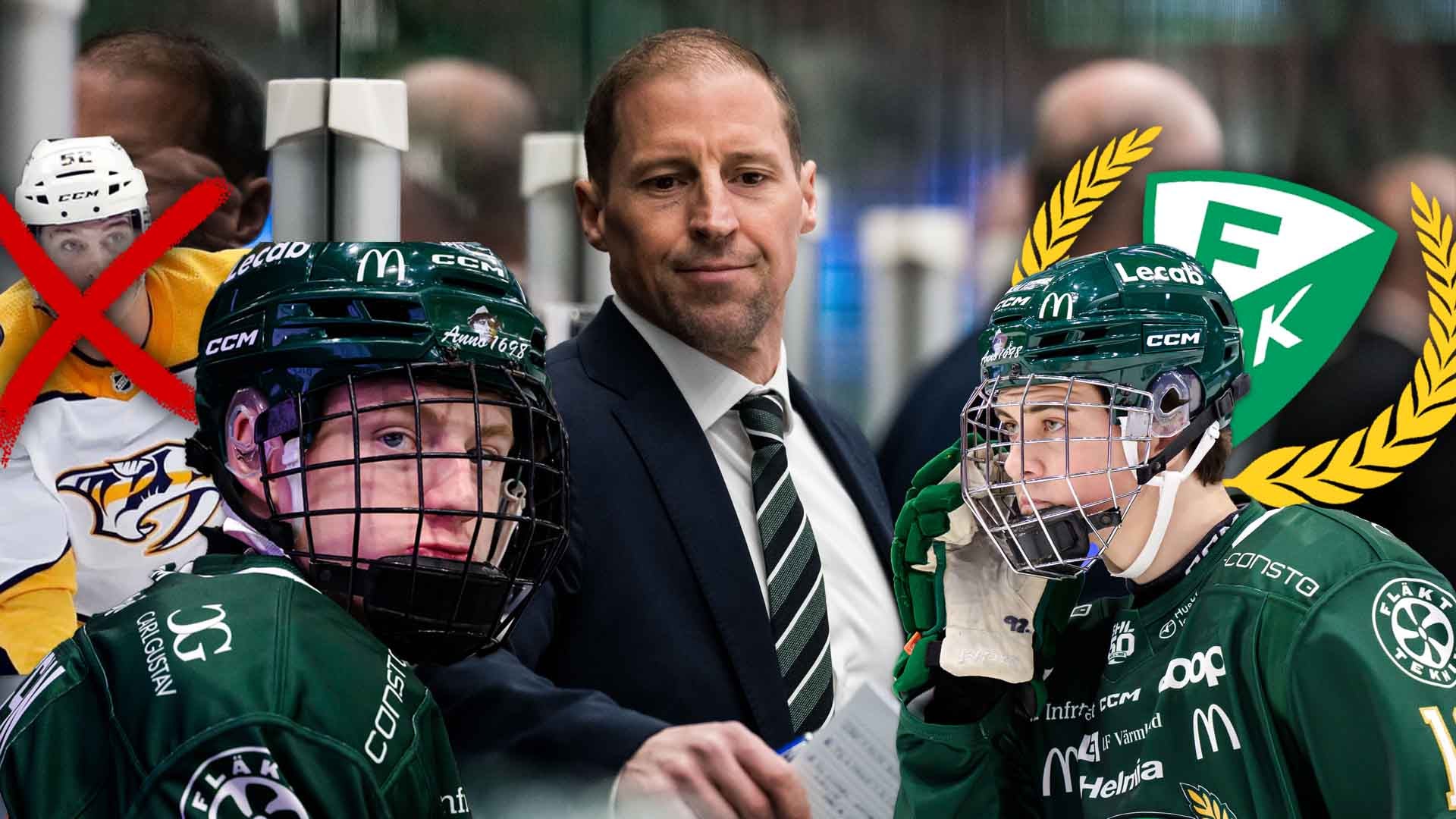 En man i kostym står mellan två unga ishockeyspelare i gröna tröjor med hjälmar på en ishockeybana.