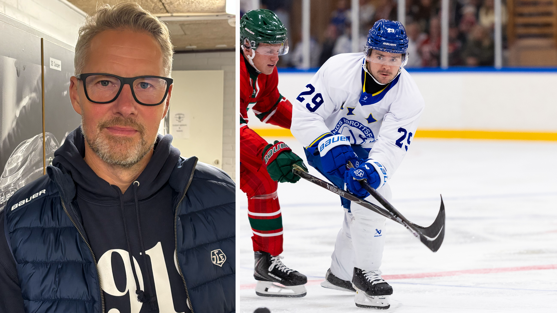 Sammansatt bild med porträtt av man med glasögon och ishockeymatch mellan två spelare i röd och blå tröja.