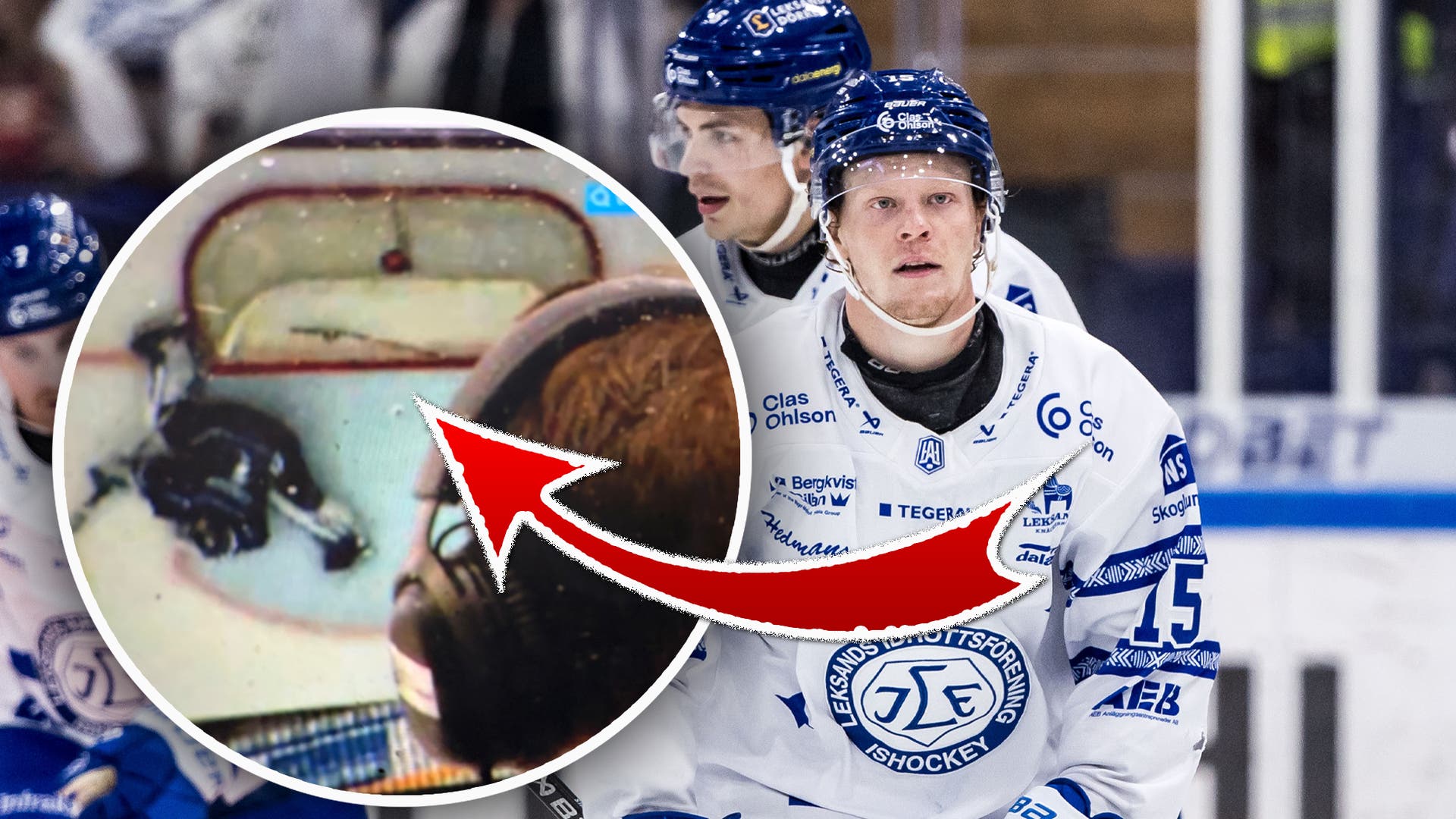 Ishockeyspelare i vit matchtröja jublar på isen, med en infälld bild som visar en puck i mål.