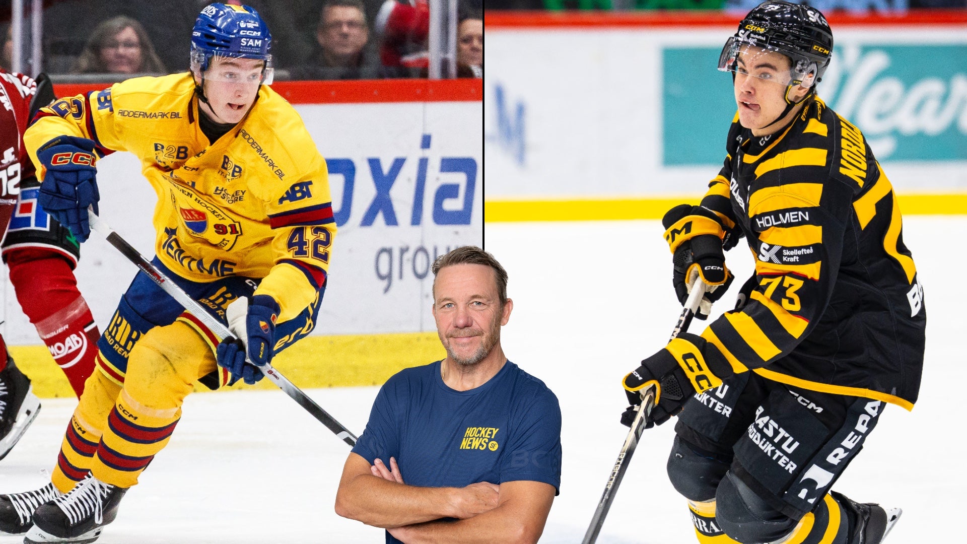 Kollage med ishockeyspelare i gul och blå uniform samt porträtt av man i mörkblå t-shirt.