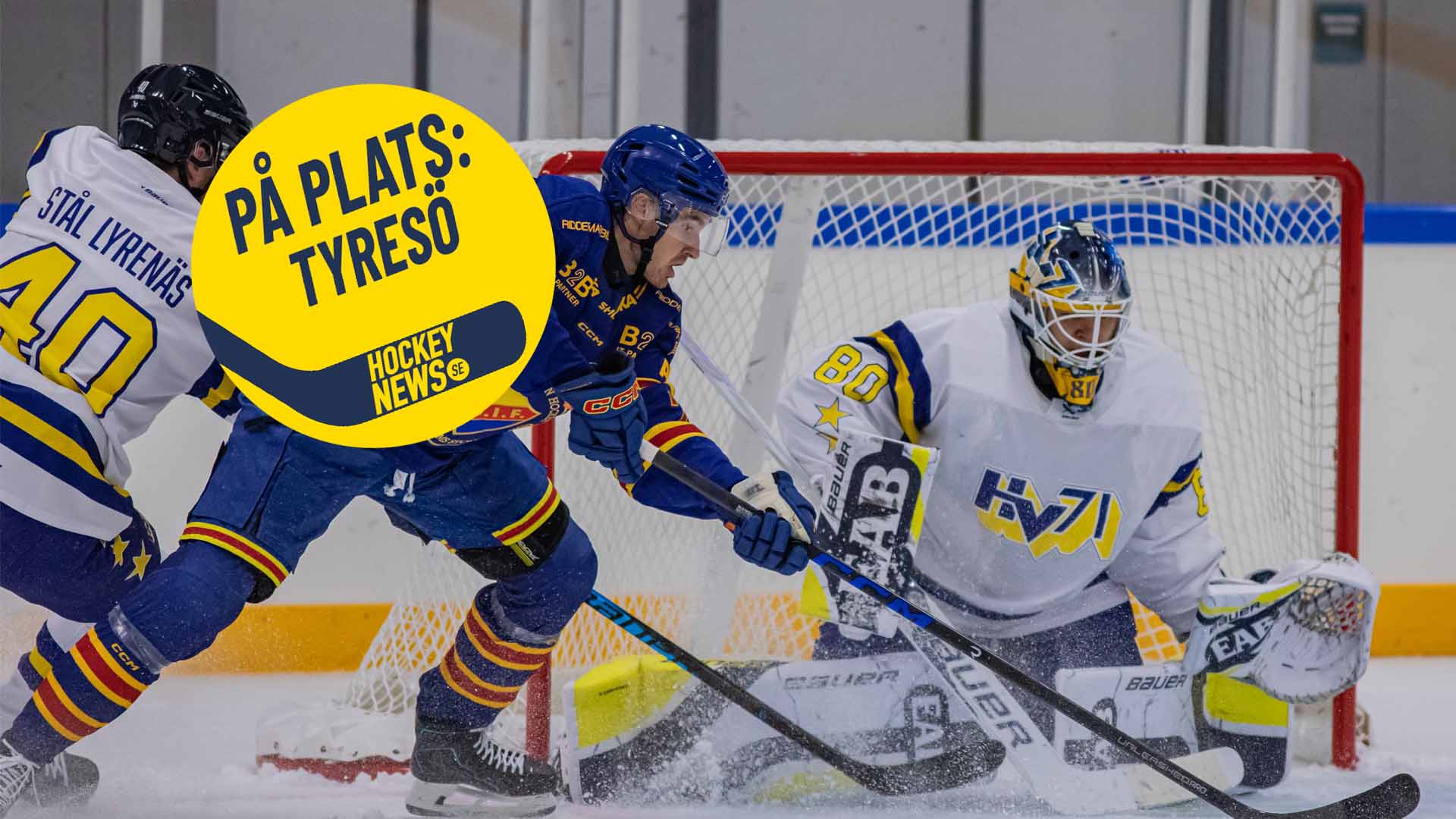 Ishockeymatch där en spelare i blå och gul tröja skjuter puck mot målvakten i vit tröja framför målet.