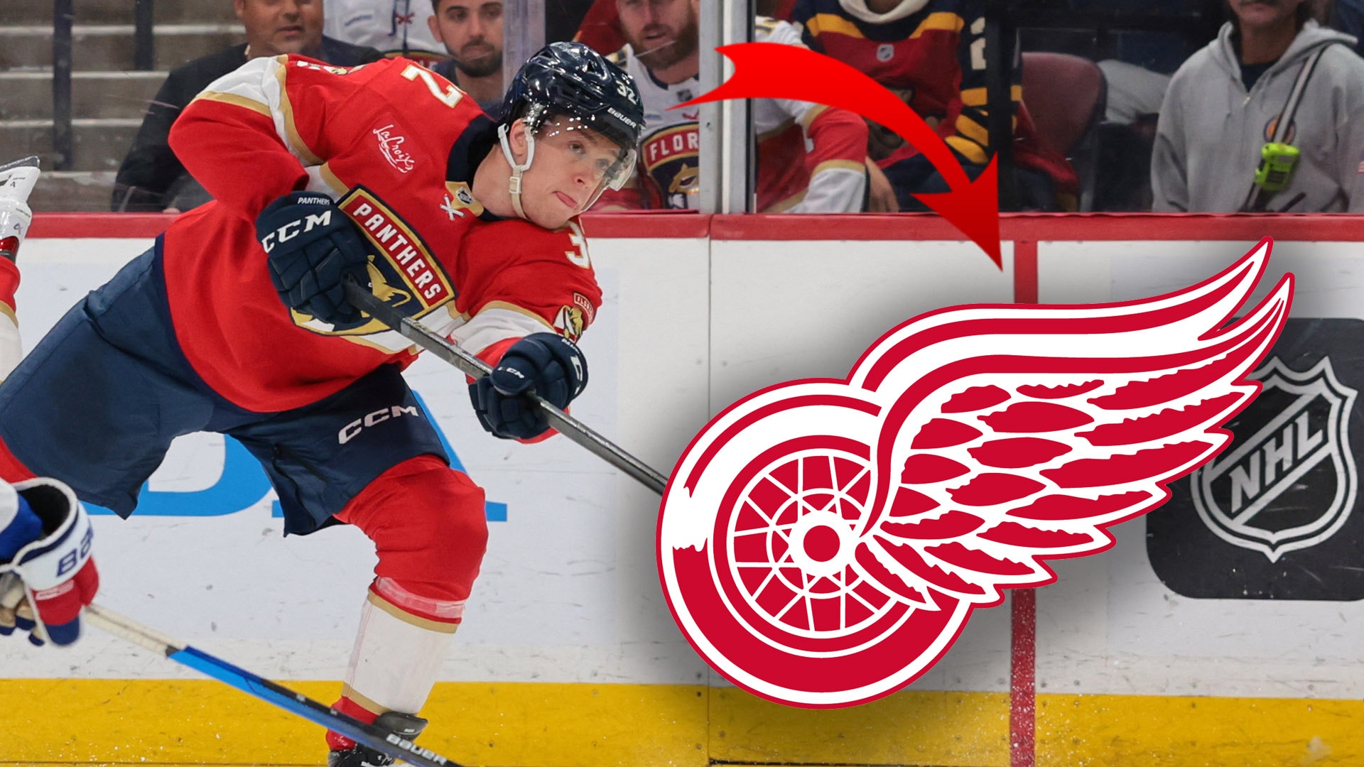 Ishockeyspelare i röd och marinblå tröja under en match med hockeyklubbor. Detroit Red Wings logotyp med rött vingmärke och NHL-logotyp visas på bilden.