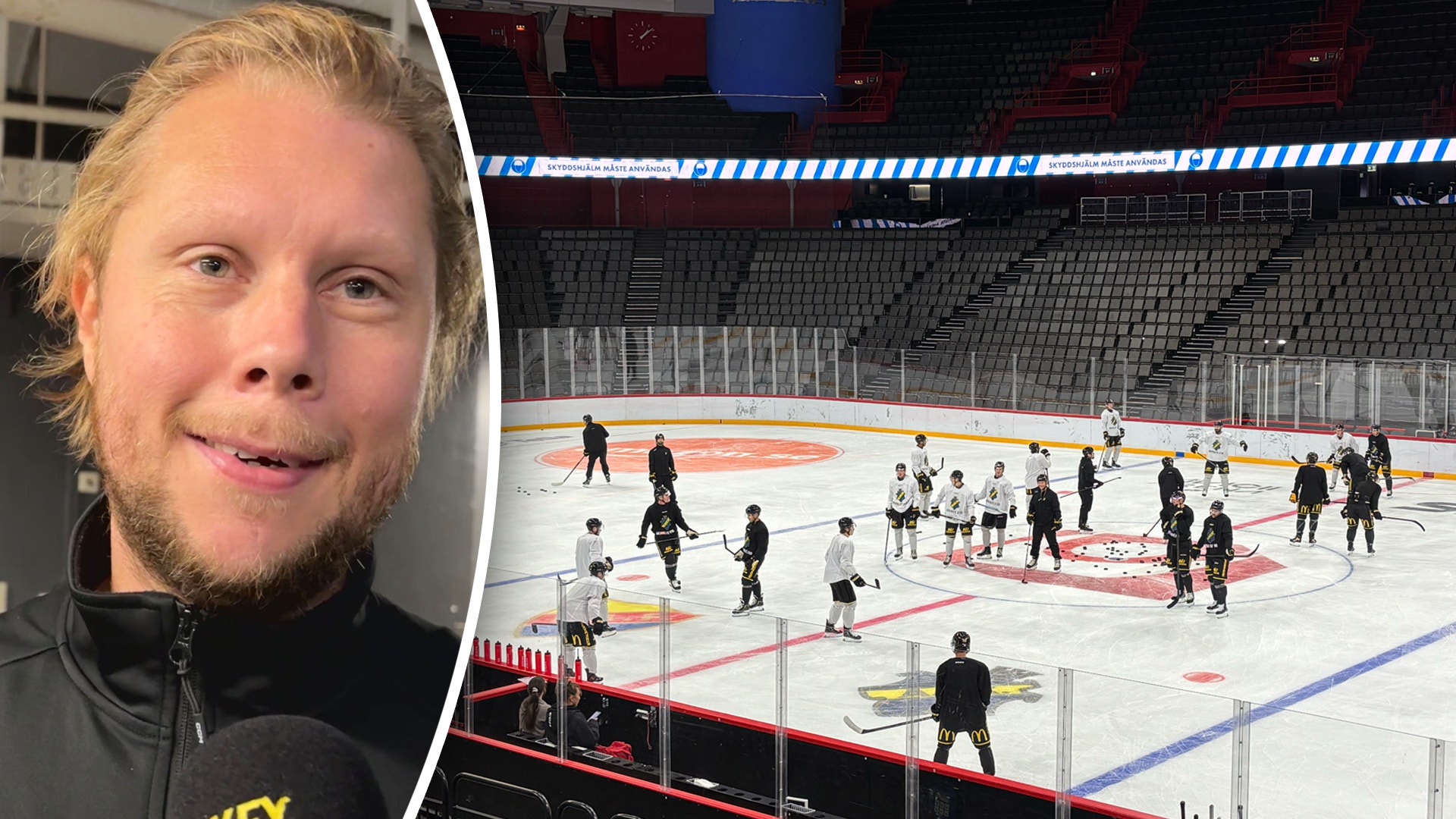 En man intervjuas i en mikrofon, med ett hockeylag som tränar på isen i en arena i bakgrunden. En man i tränarjacka i förgrunden, med ett hockeylag som tränar på isen i en arena i bakgrunden.