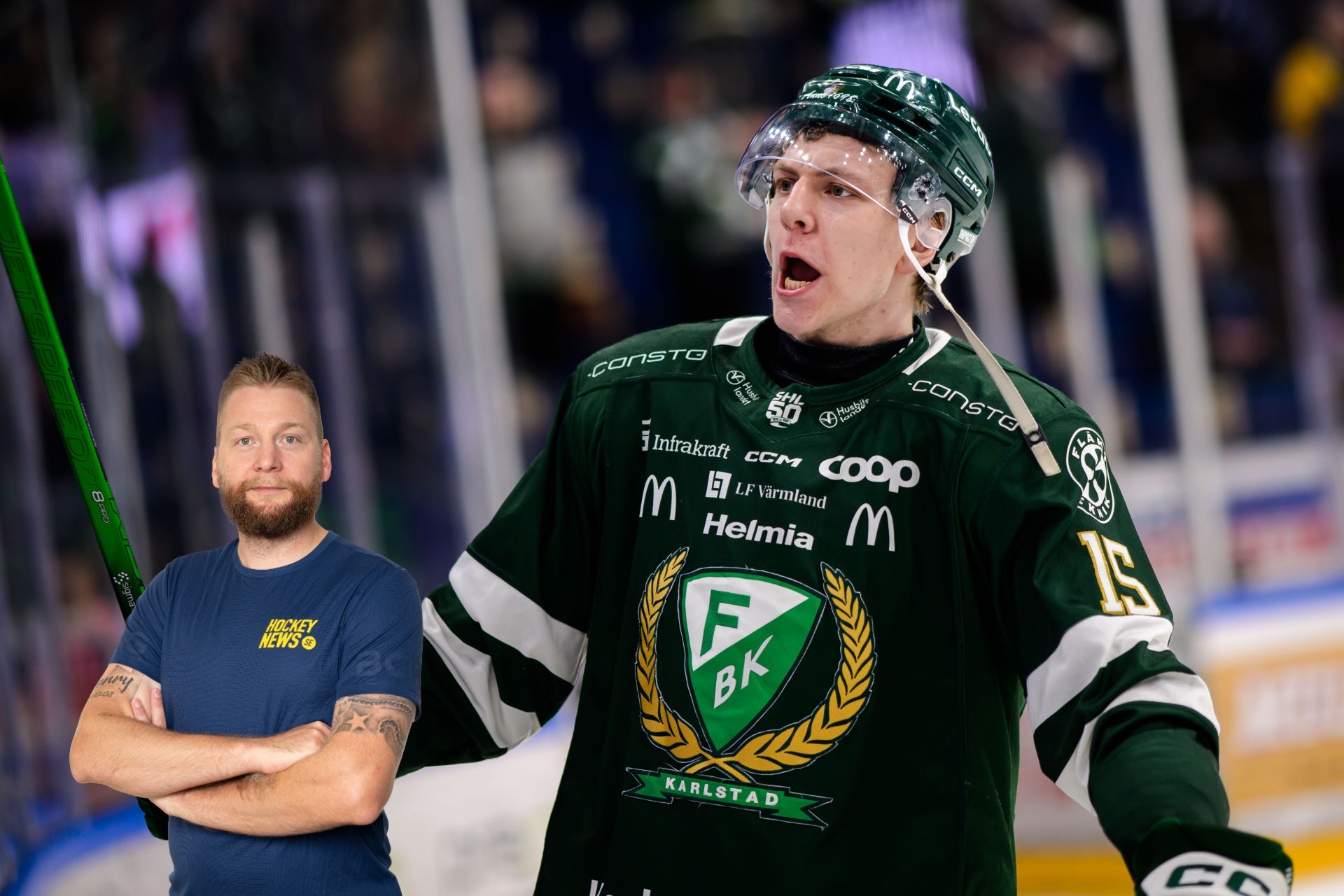 Ishockeyspelare i mörkgrön tröja gestikulerar under en match. En coach i blå skjorta står i bakgrunden.