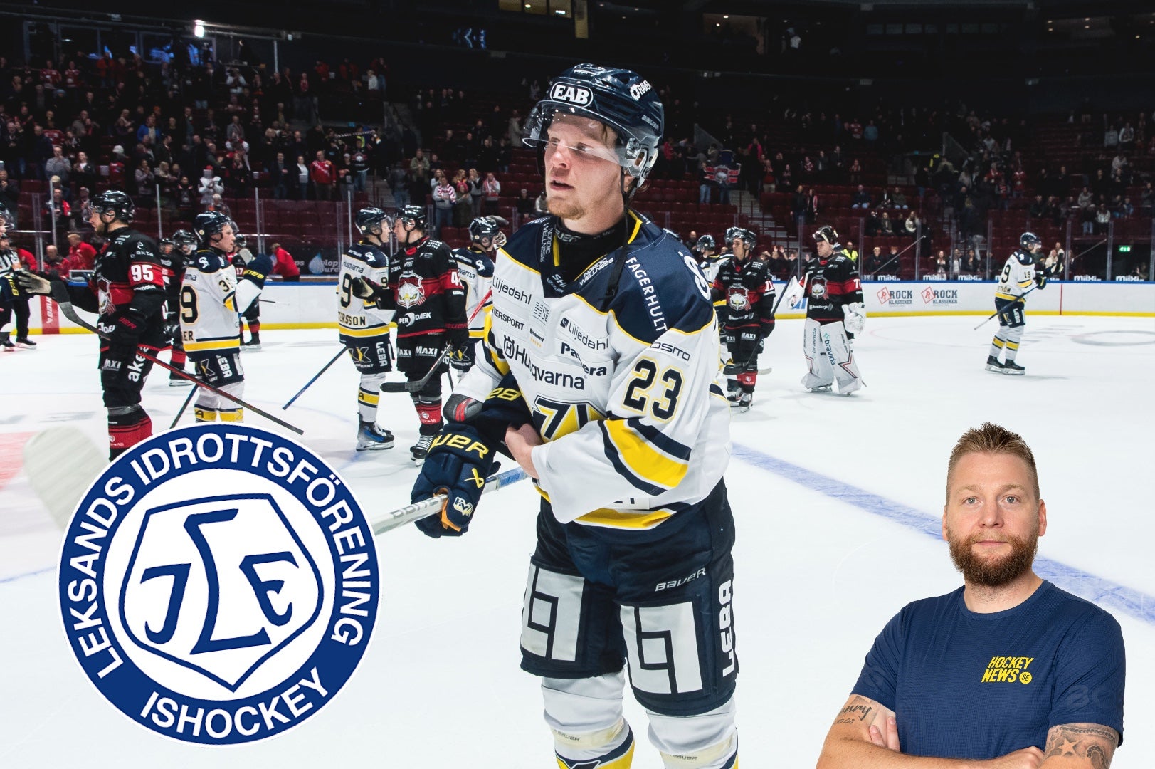 Ishockeyspelare i mörkblå och gul tröja under en match på isen med publik i bakgrunden.
