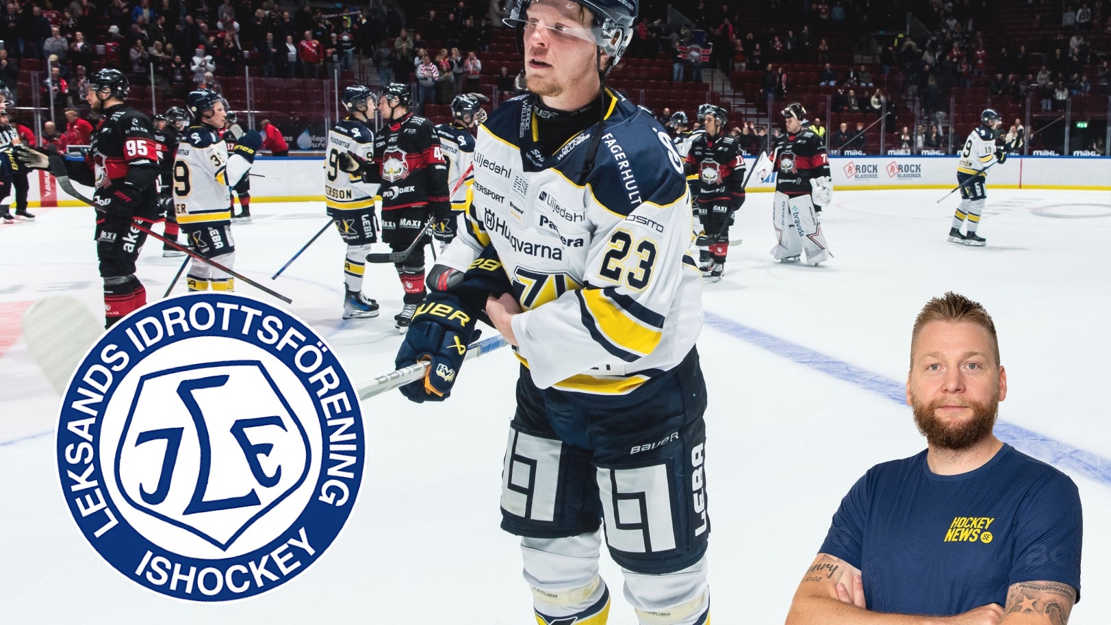 Ishockeyspelare i mörkblå och gul tröja under en match på isen med publik i bakgrunden.