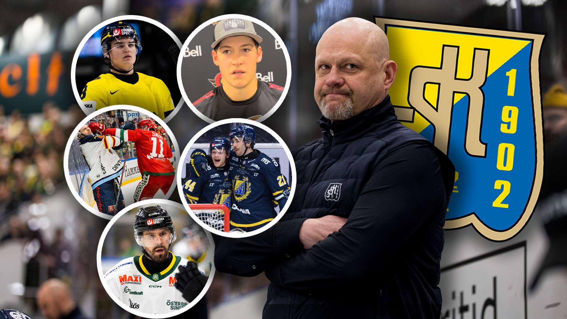 Collage med en ishockeytränare och fem spelarporträtt från HK 1902-laget.