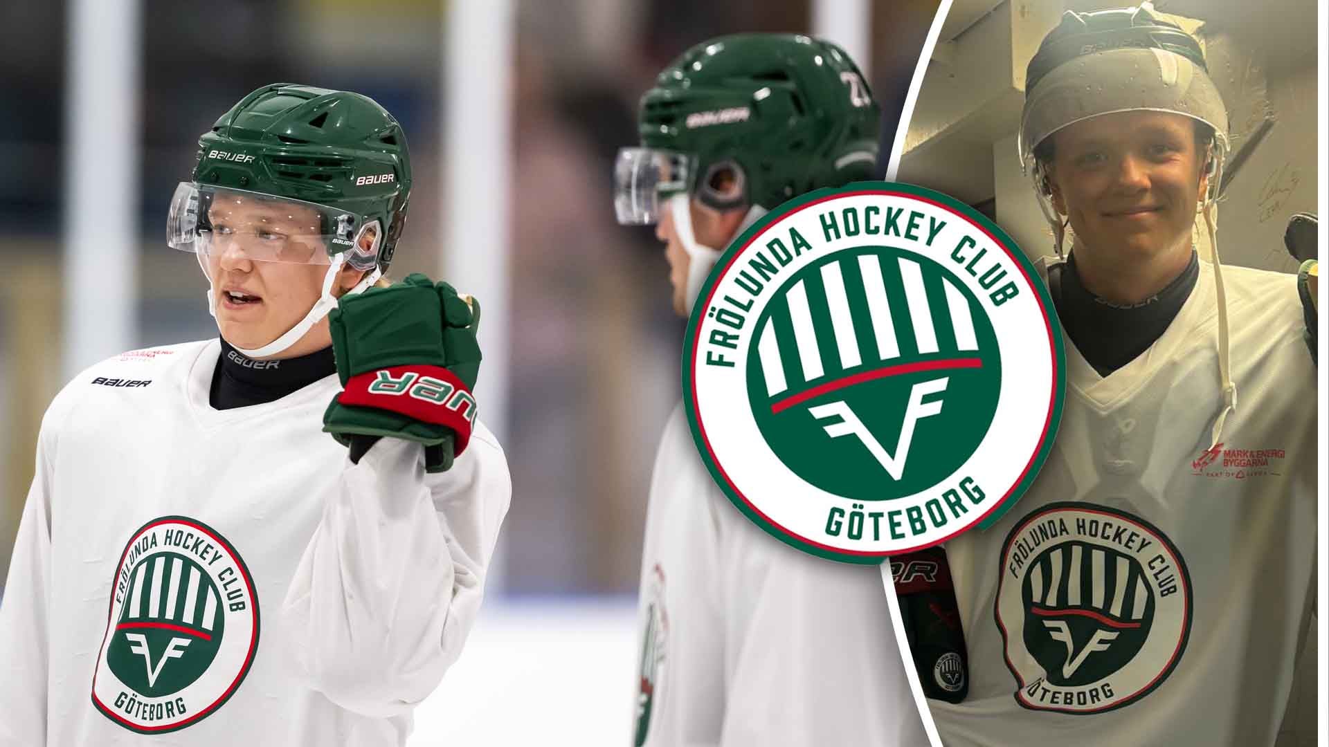 Ishockeyspelare i Frölunda Hockey Clubs vita och gröna utrustning med lagets logotyp i mitten.