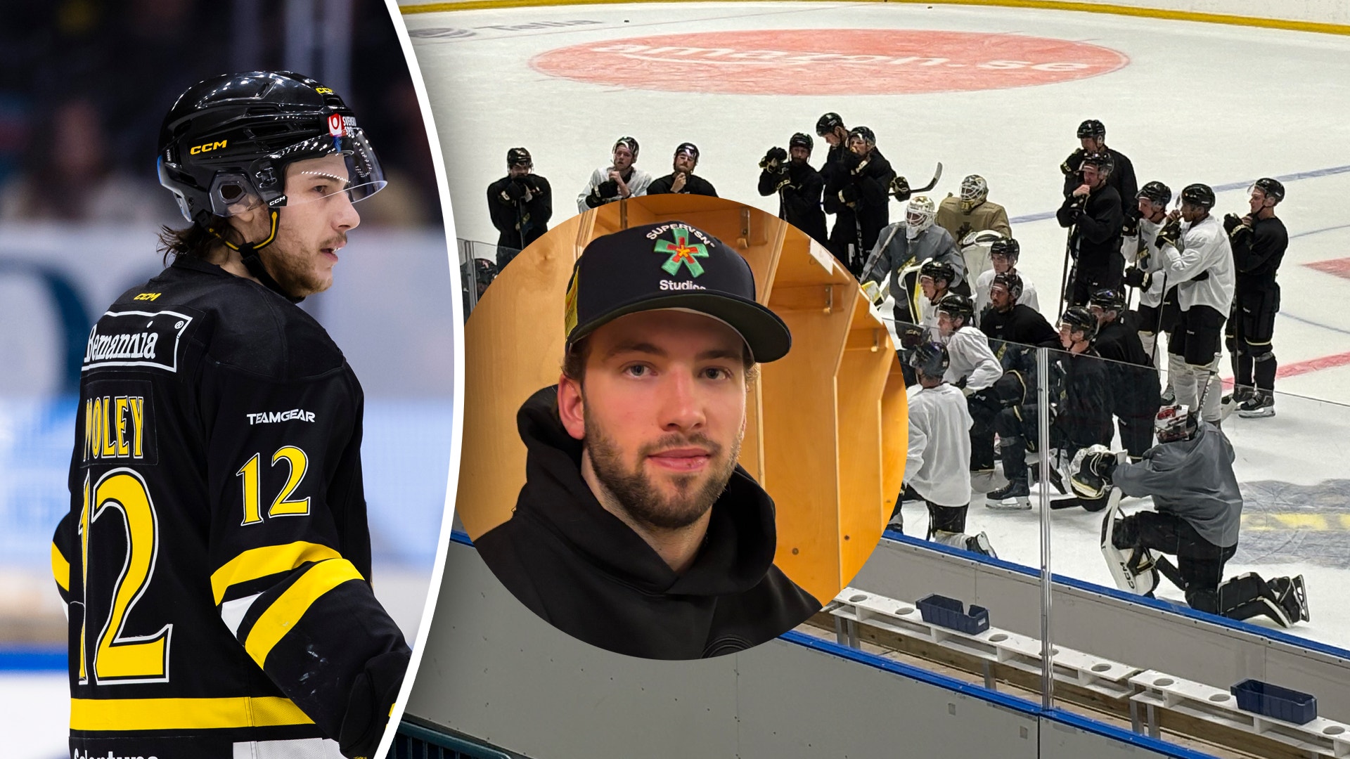 Ishockeyscener: spelare i svart och gul tröja nummer 12, och porträtt av man i svart keps framför ishockeyrink med lag och personal.