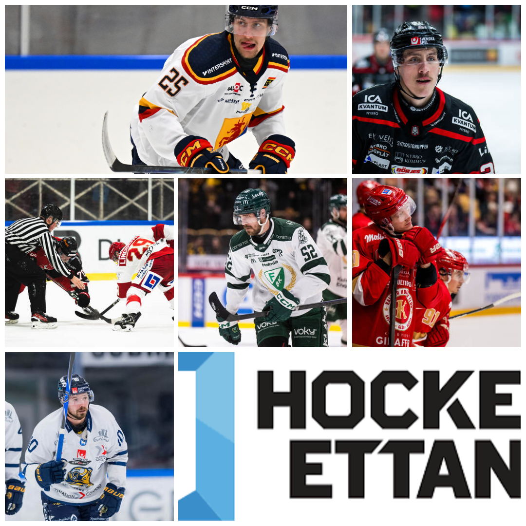 Collage med sex bilder på ishockeyspelare i olika matchtröjor under matcher, samt Hockeyettans logotyp.