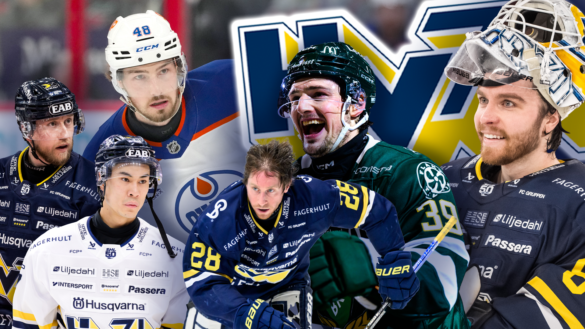 Kollage med ishockeyspelare i blå och gula uniformer tillsammans med ett lag-logotyp. Spelarna är utklädda i matchutrustning med hjälmar och visar olika uttryck från intensiv spel.
