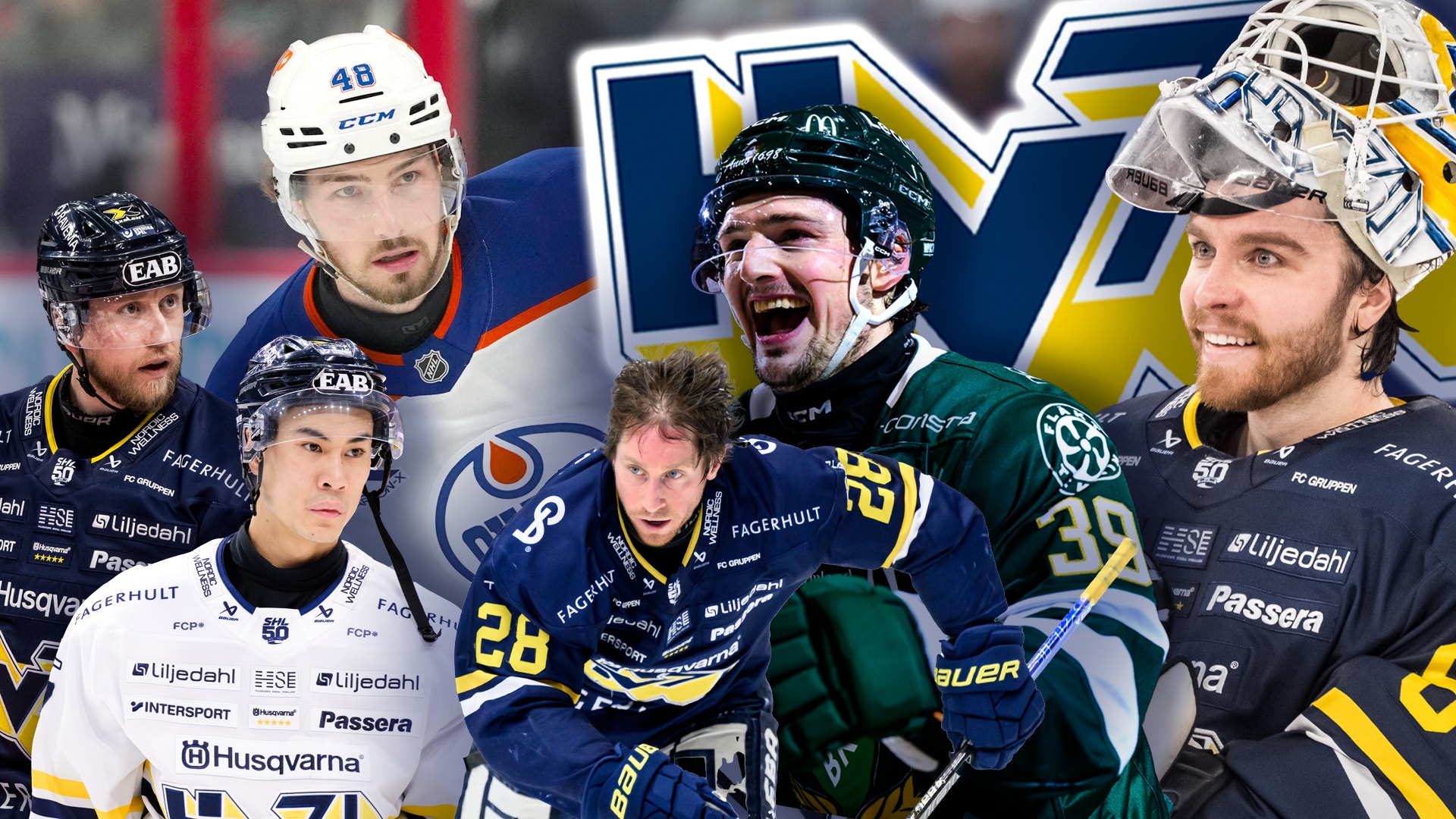 Kollage med ishockeyspelare i blå och gula uniformer tillsammans med ett lag-logotyp. Spelarna är utklädda i matchutrustning med hjälmar och visar olika uttryck från intensiv spel.