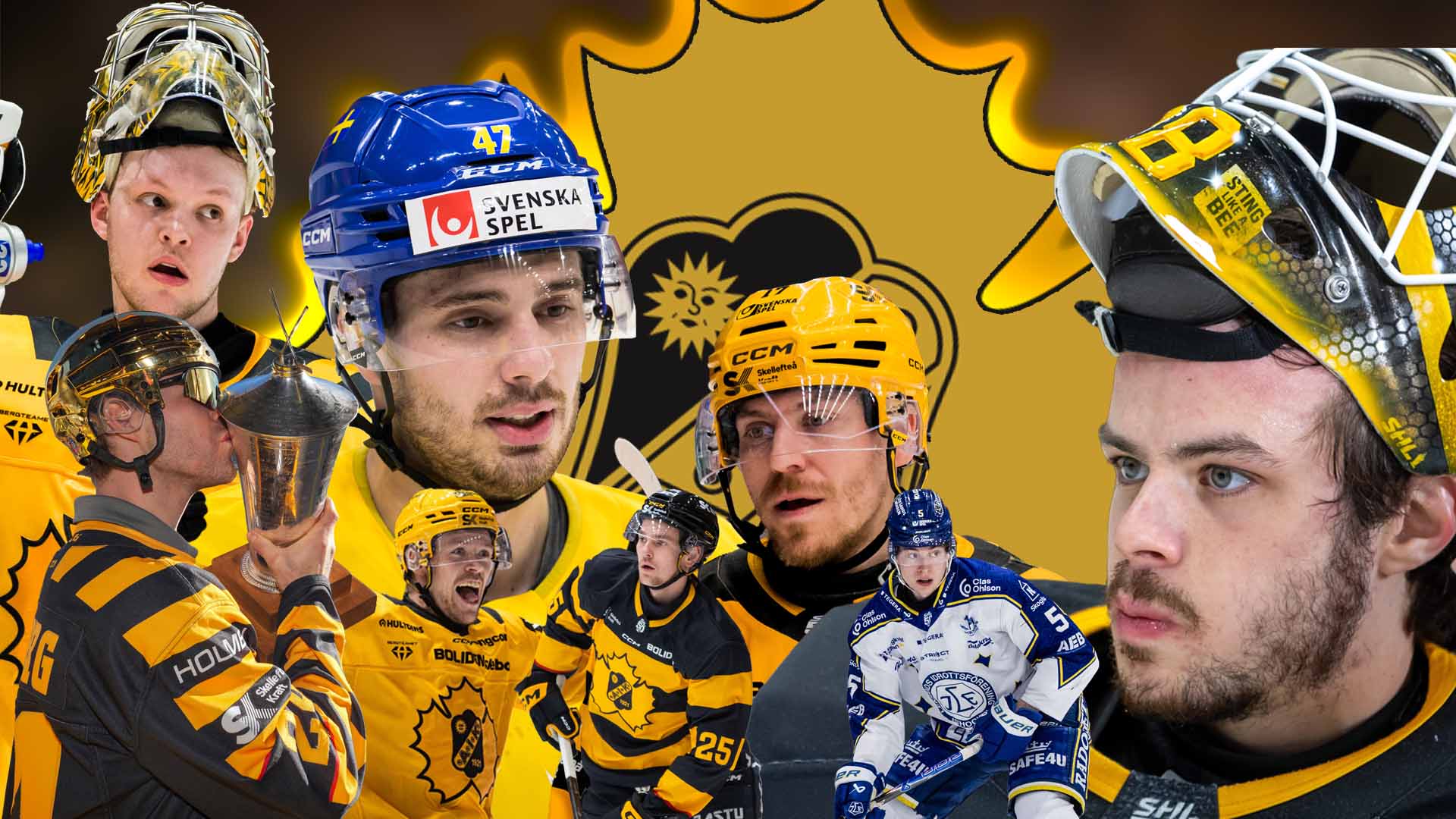 Kollage med ishockeyspelare i gul och blå lagdräkter med hjälmar och utrustning mot en gul bakgrund med laglogotyp.