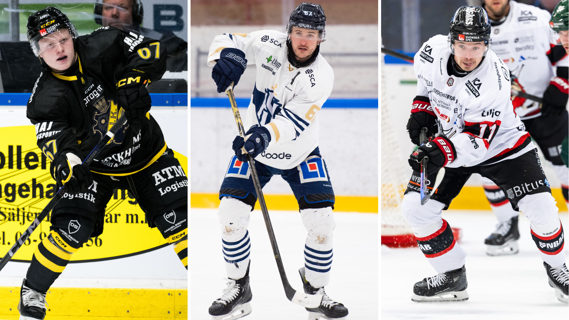 Ett collage med tre ishockeyspelare i matchtröjor på isen.
