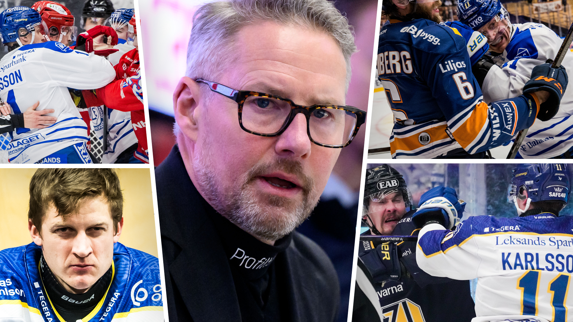 Collage med hockeybilder som visar spelare i blå och röda uniformer samt ett porträttfoto av en man med glasögon.