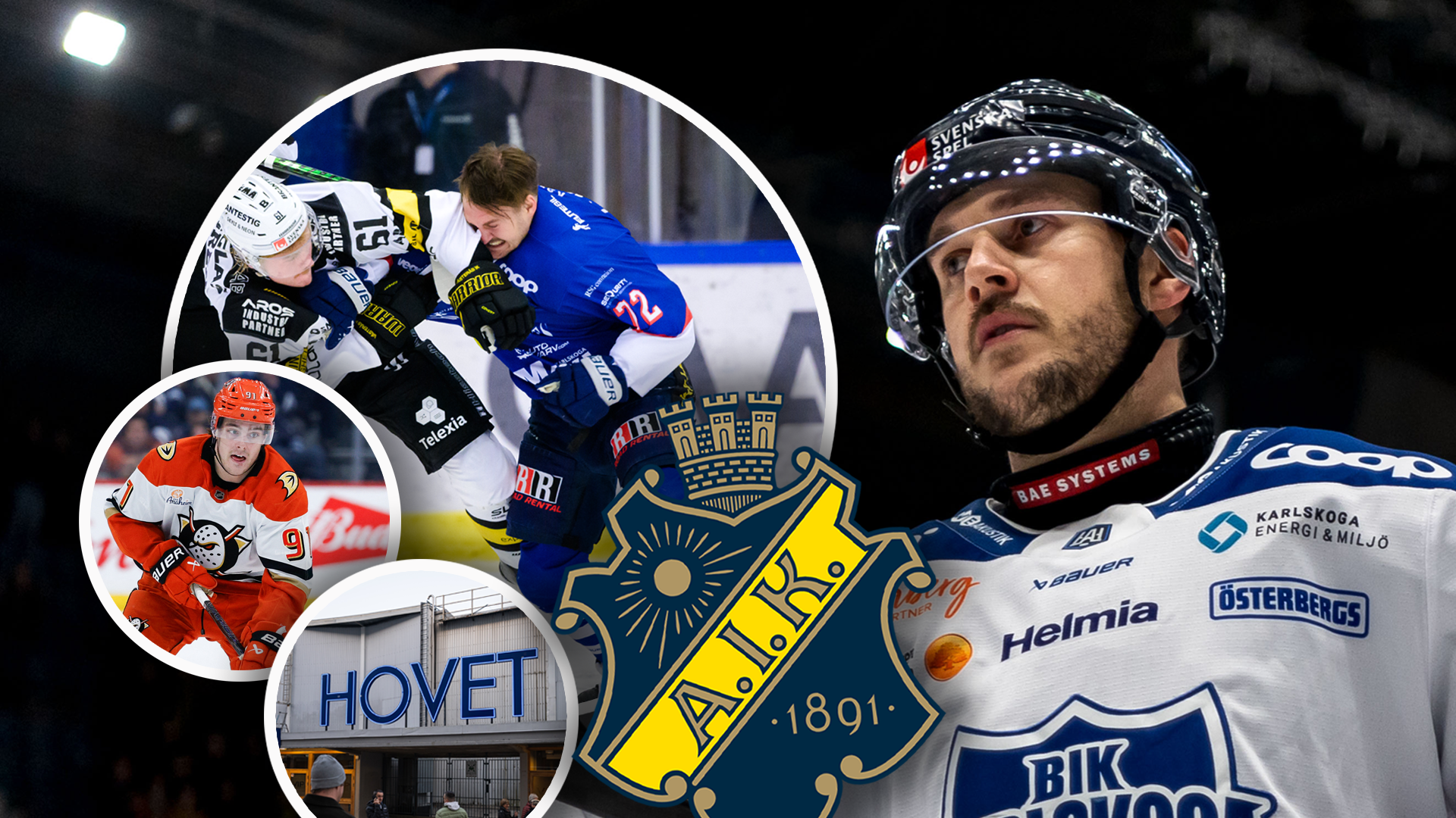 Kollage om ishockey med en spelare i blå och vit tröja i fokus, tillsammans med bilder från matchspel och en ishockeyhall.