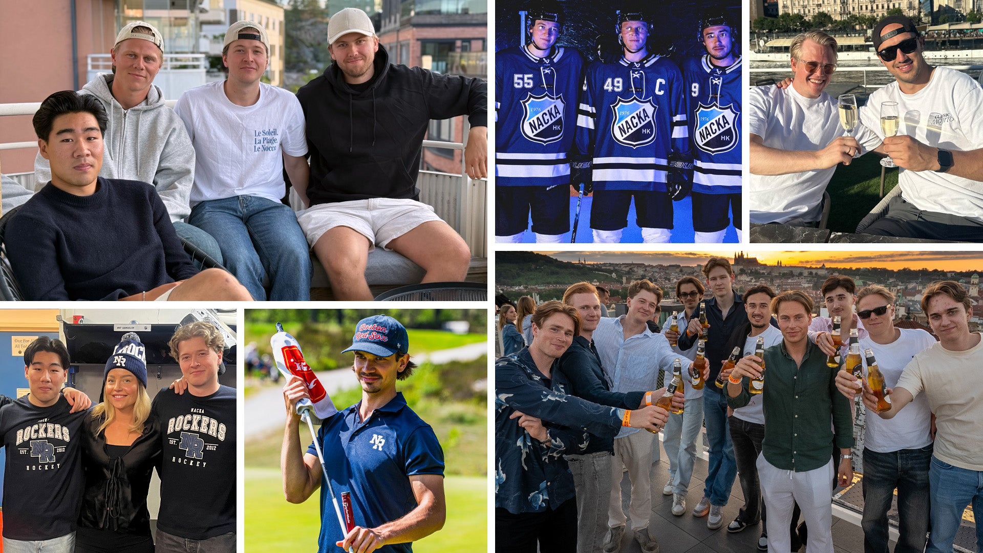 Bildkollage med spelare från ishockeylaget Nacka Rockers samt vänner som umgås, skålar och firar tillsammans.