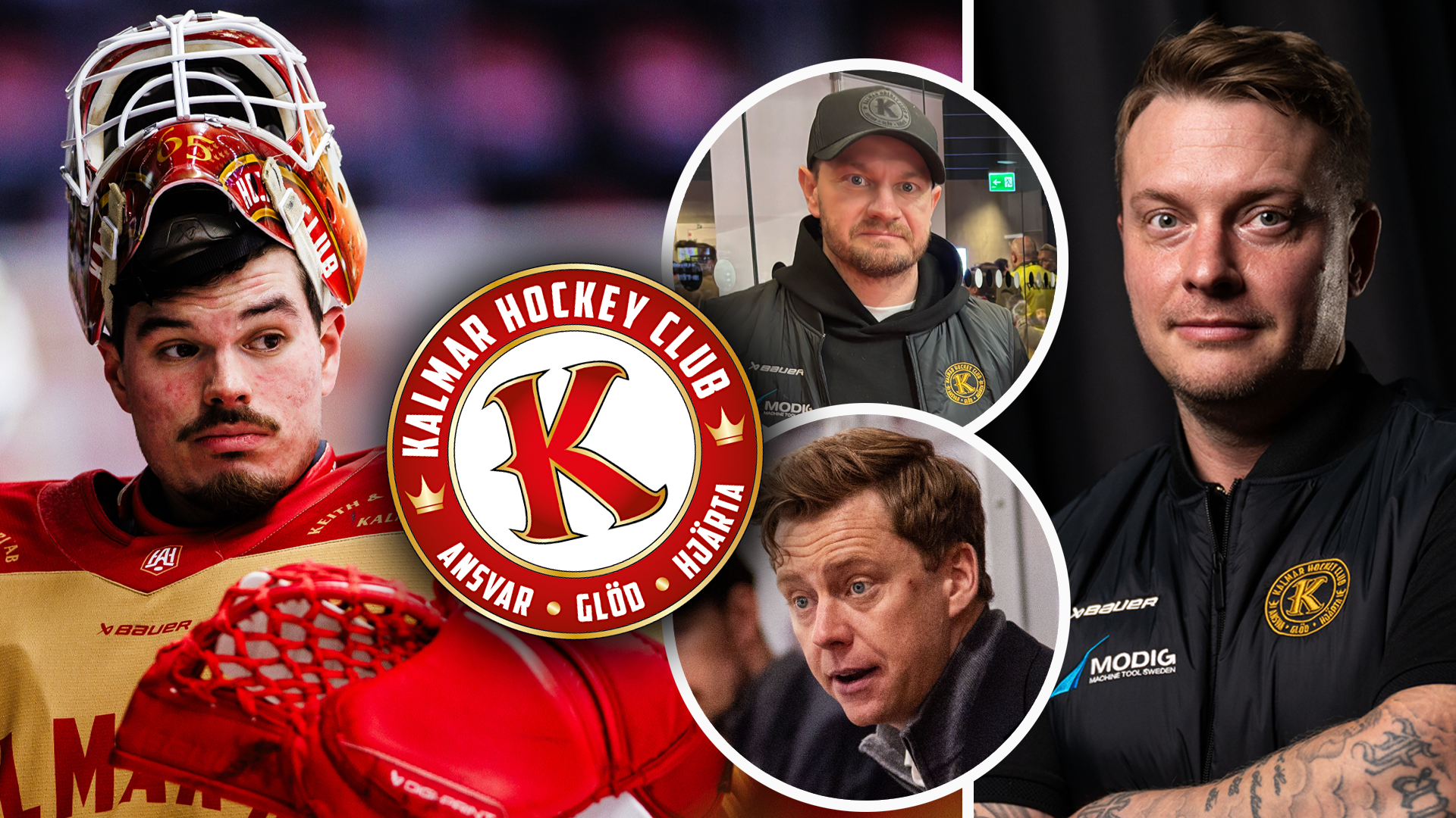 Collage för Magyar Hockey Club med en målvakt i röd och gul ishockeyutrustning på vänster sida och tre porträttbilder av män på höger sida, tillsammans med klubbens logotyp i mitten.
