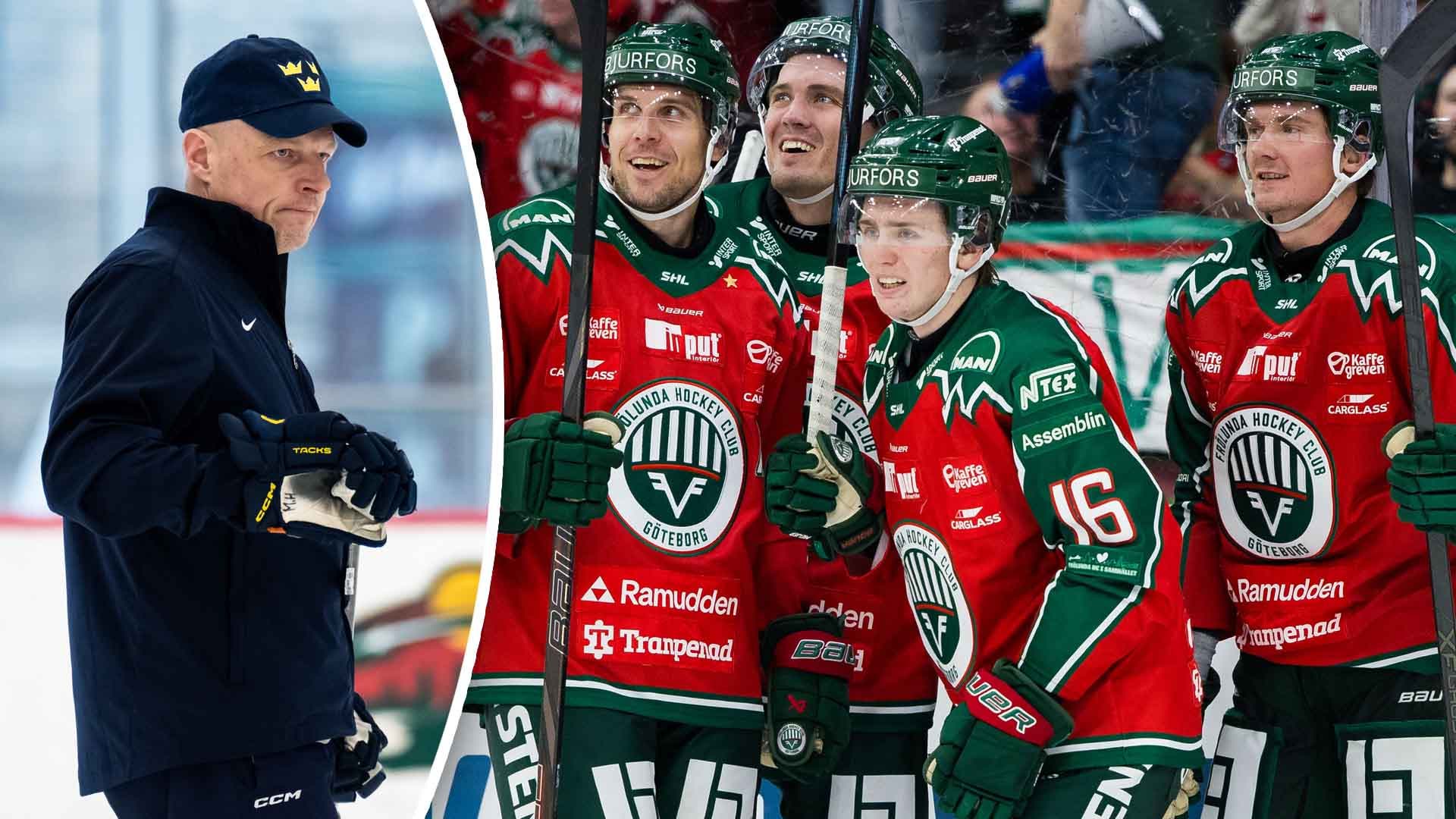 En tränare i svart jacka och keps står på isen under en hockeyträning.