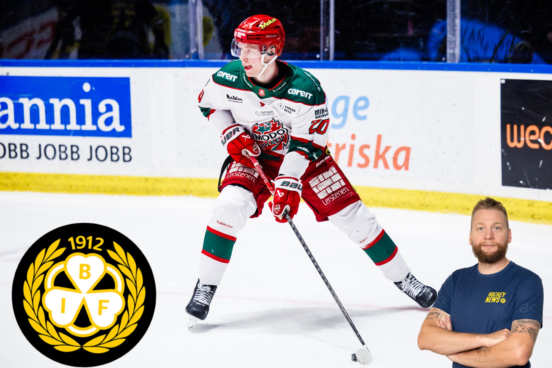 Ishockeyspelare i röd och vit matchdräkt med gröna detaljer spelar med puck på isen under en match.
