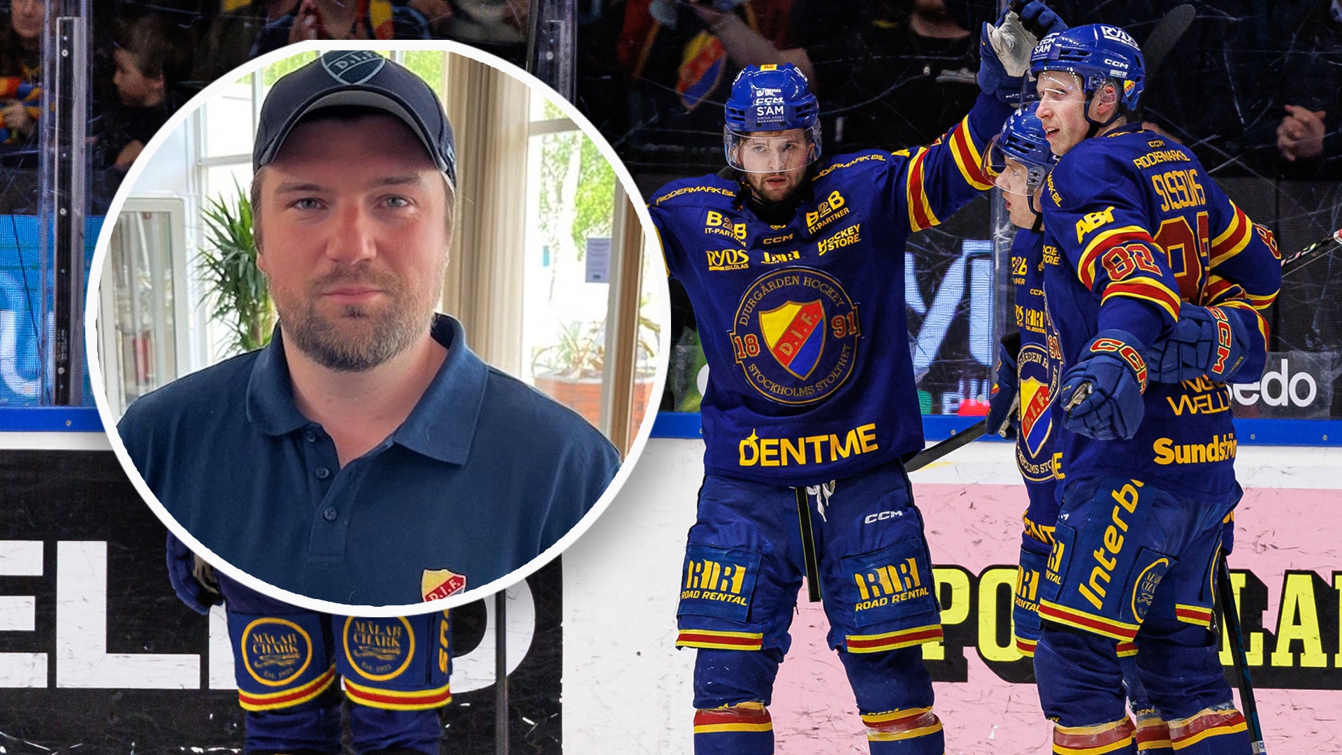 Sammansatt bild med porträttfoto av en man med keps på vänster sida och ishockeyscen med tre spelare i blå och gula tröjor på höger sida.