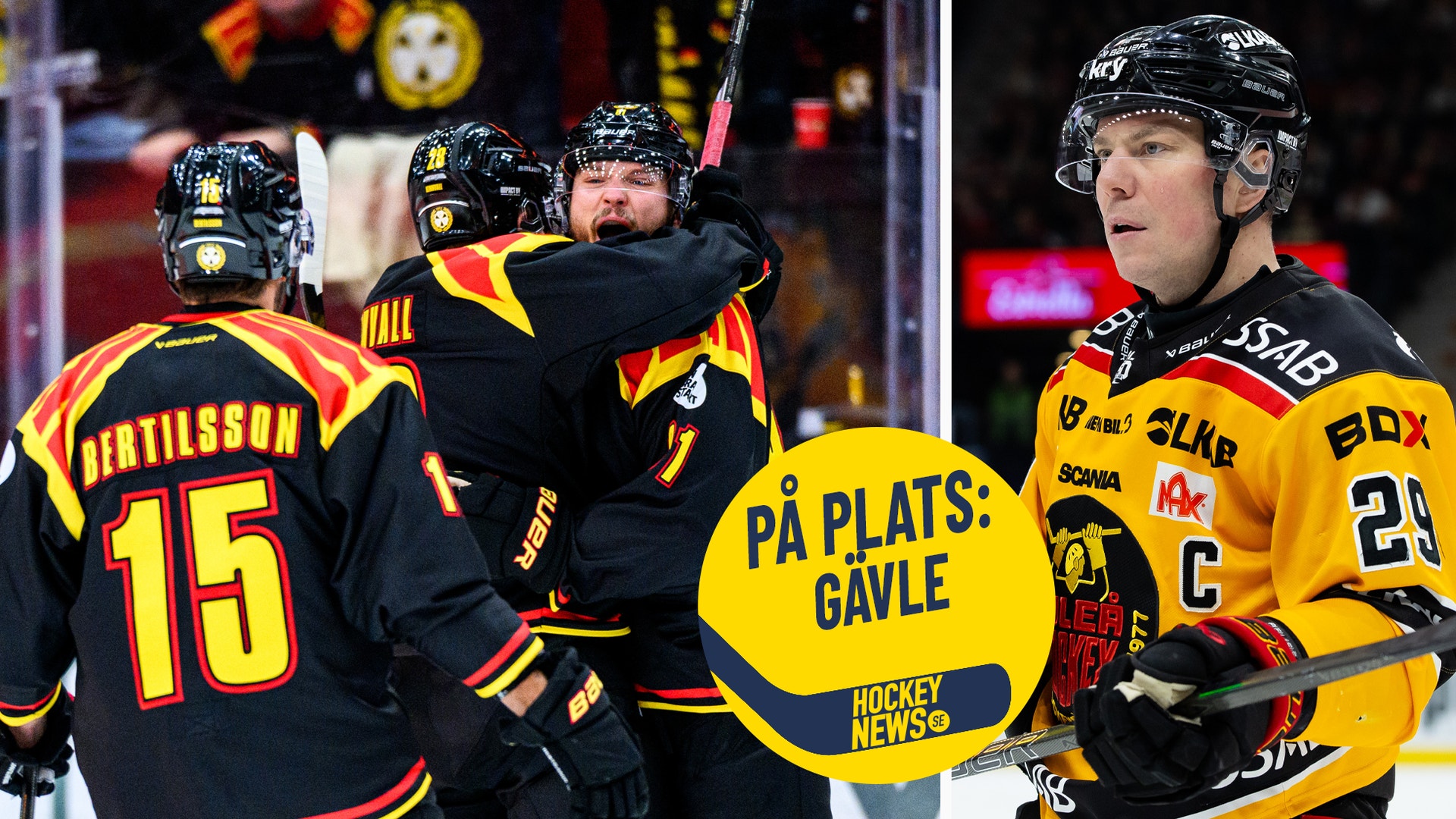 Ishockeyspelare i svarta och gula matchtröjor firar och samlas efter mål, samtidigt som en spelare i gult och svart står i förgrunden.