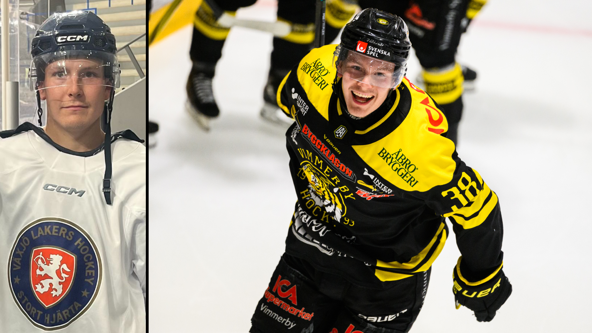 Kollage med två foton av ishockeyspelare. Vänster sida visar ett porträtt av spelaren i vit träningsuniform med hjälm. Höger sida visar spelaren i gul och svart matchuniform under en ishockeymatch.