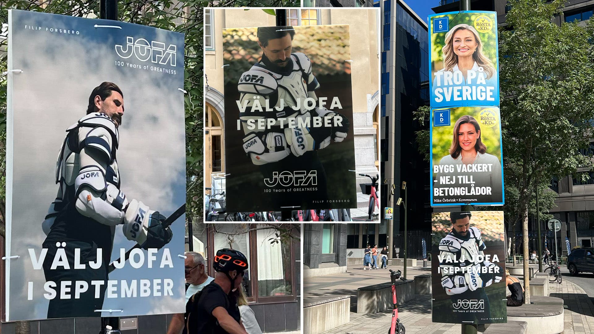 Gatuplakater för JoFa september med en ishockeyspelare i sportdräkt på en stadsgata omgiven av träd och andra reklamaffischer.