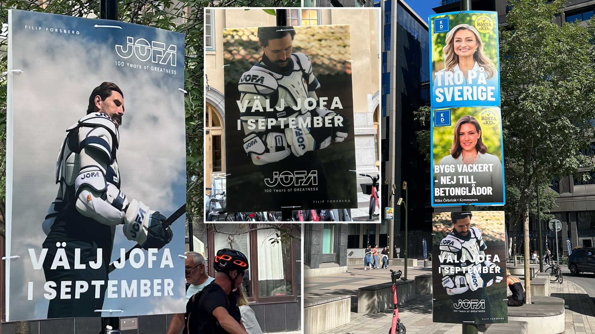 Gatuplakater för JoFa september med en ishockeyspelare i sportdräkt på en stadsgata omgiven av träd och andra reklamaffischer.