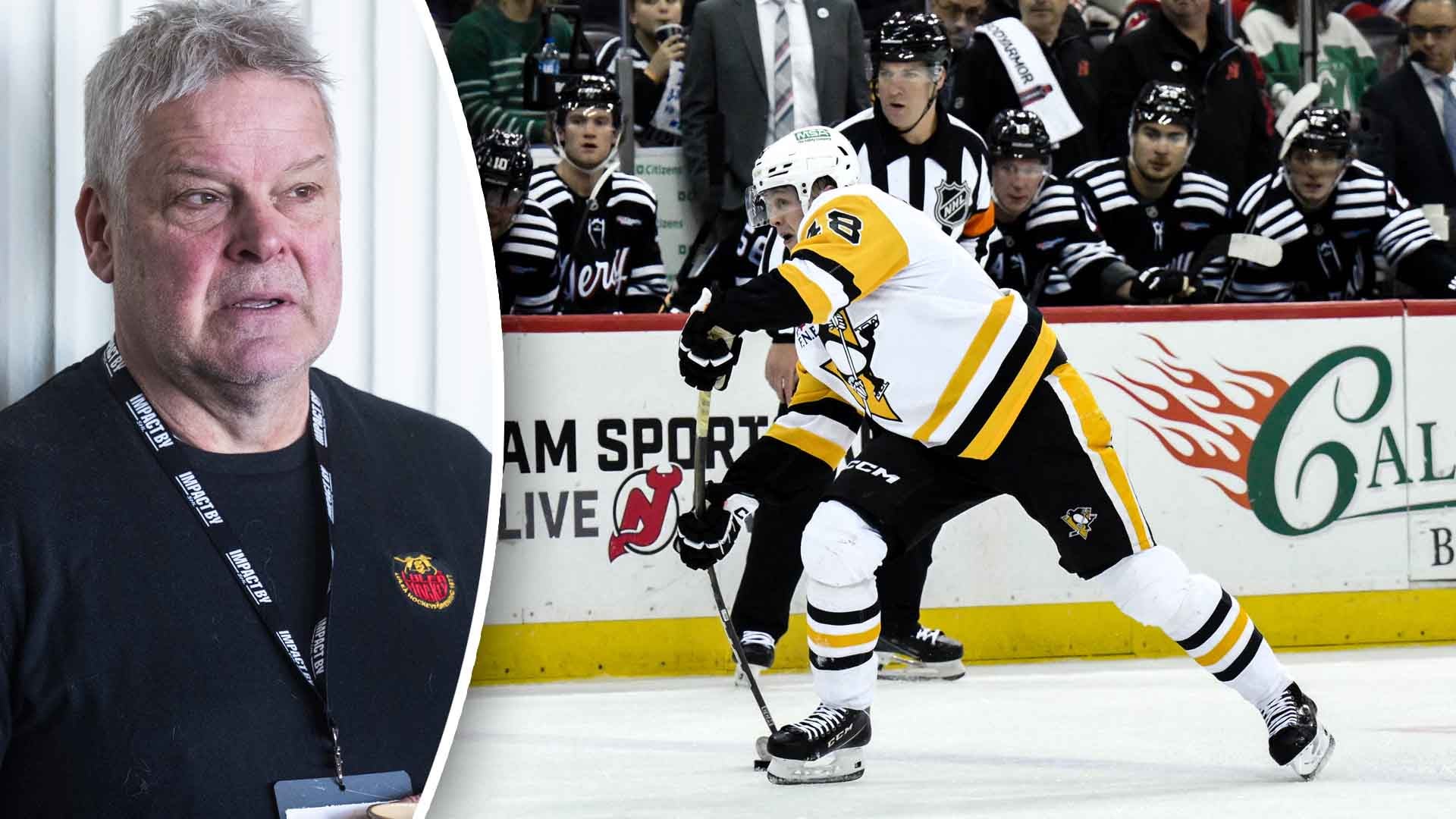 Splitbild med porträtt av en man till vänster och en ishockeymatch till höger där en spelare i gul och svart uniform spelar mot ett lag i svart och vit uniform.