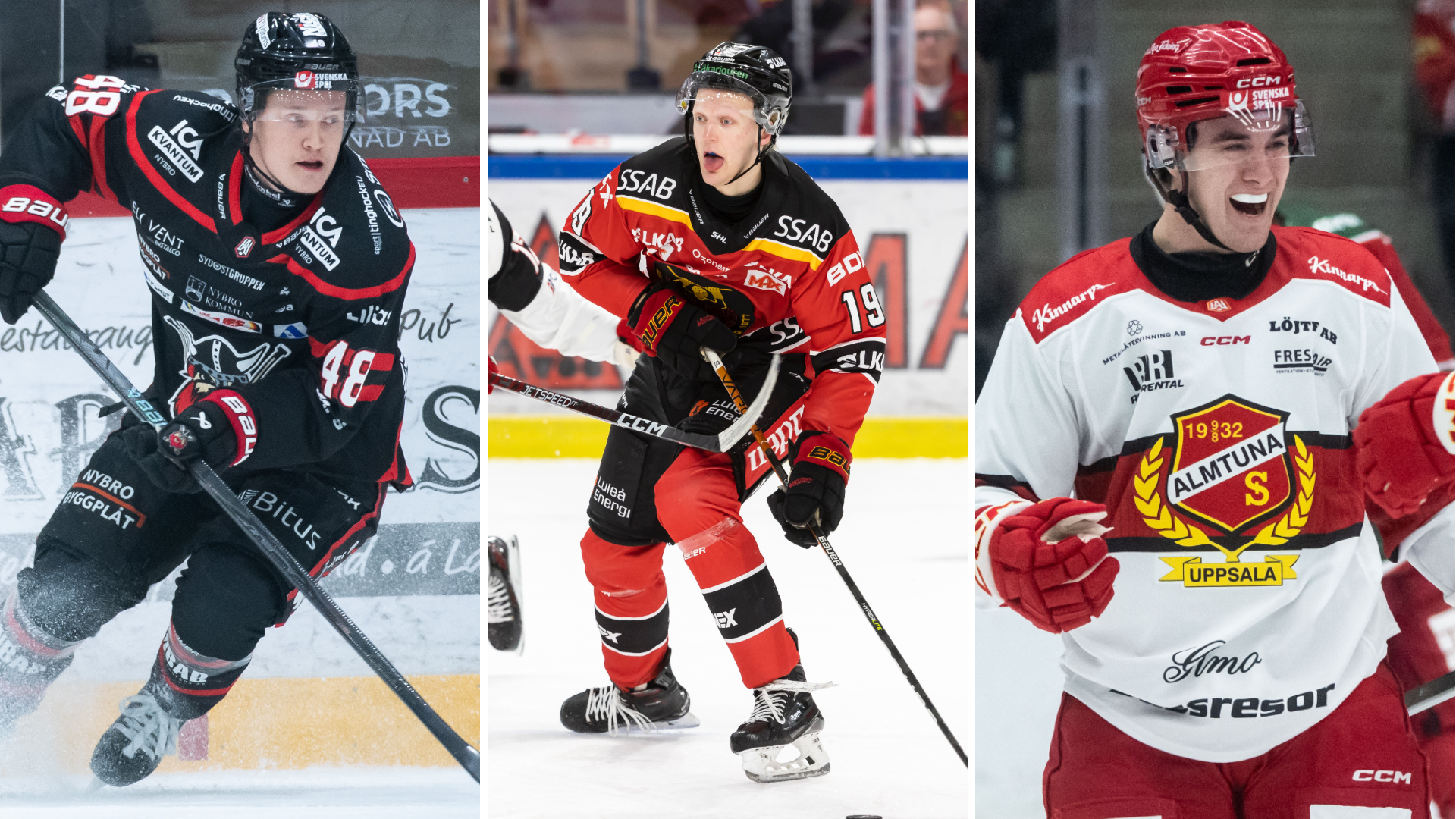 Bilden visar en collage med tre ishockeyspelare i olika matchtröjor som jublar och åker skridskor på isen.