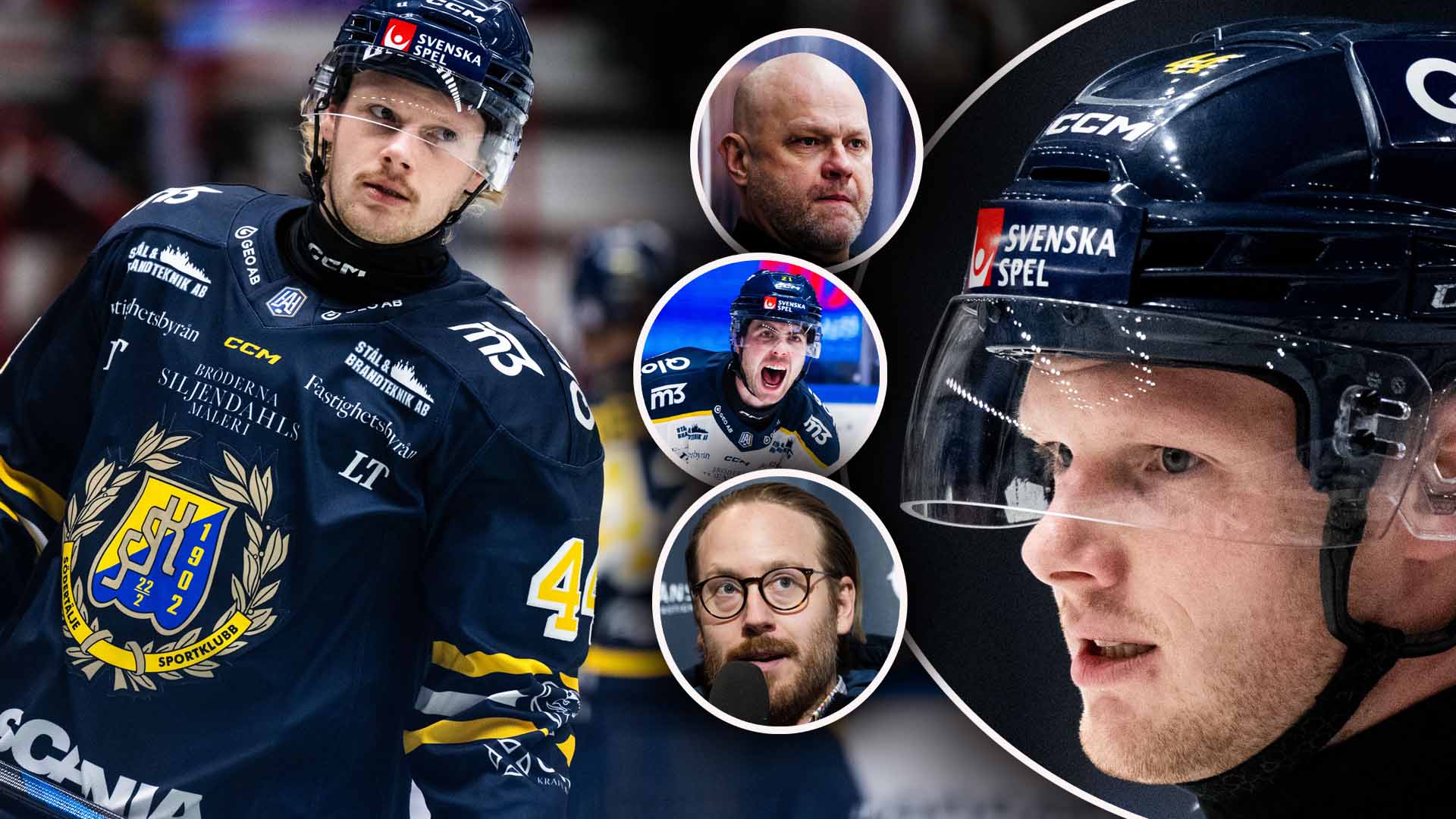 Kollage med ishockeyspelare i svenska landslagströjor. Bilden visar flera porträtt av spelare med nummer och Svenska Spel-logotyp på uniformerna.