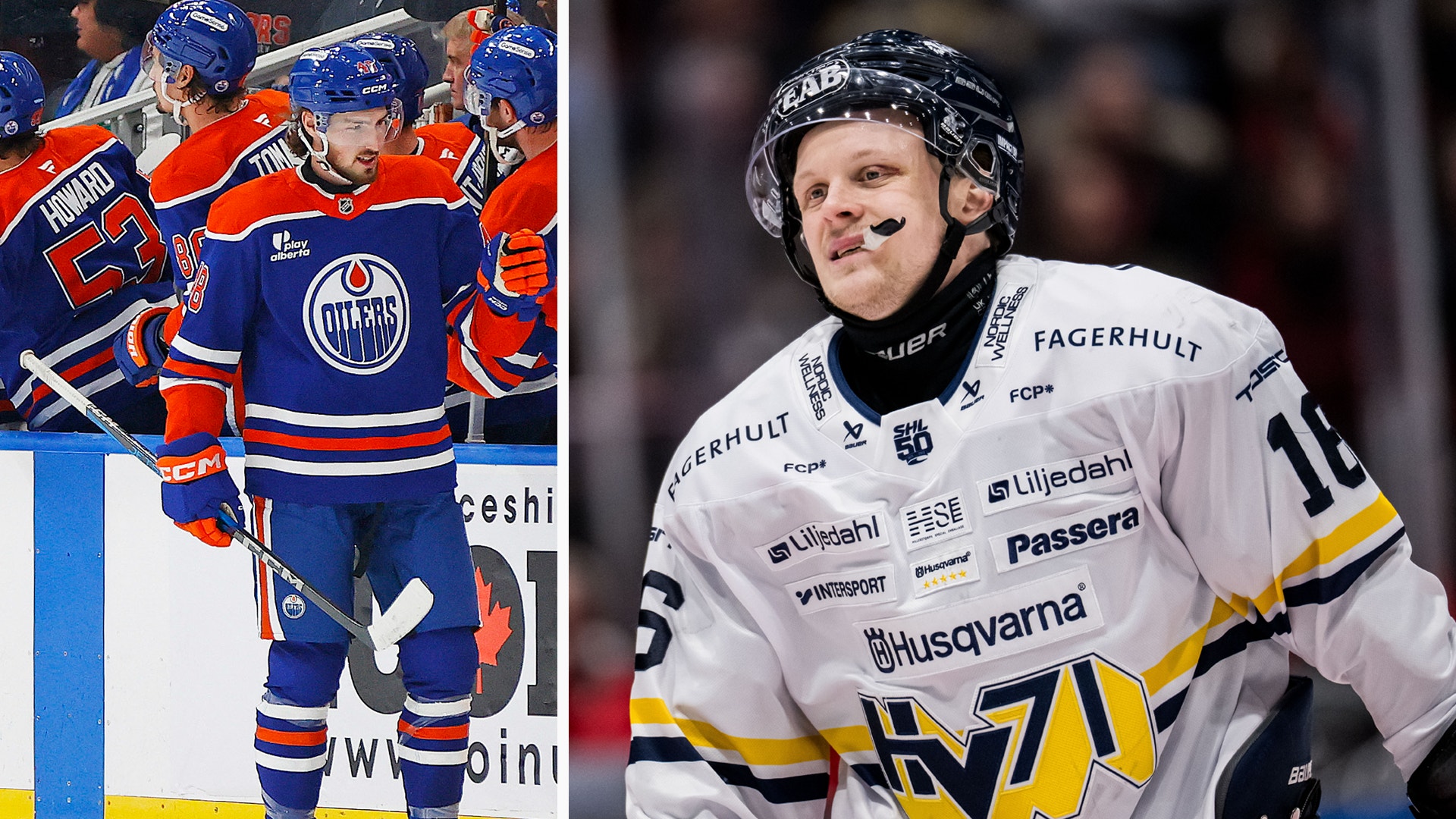 Sammansatt bild av två ishockeyspelare. Till vänster en spelare i Edmonton Oilers orange och blå tröja, till höger en spelare i vit tröja med gula detaljer och sponsor-logotyper.
