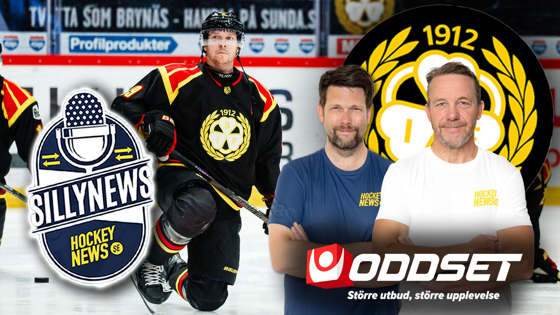 Collage med hockeyrelaterat innehåll inklusive en ishockeyspelare i svart och gult uniform, två män i casual kläder, och logotyper för Sillynews och Oddset.