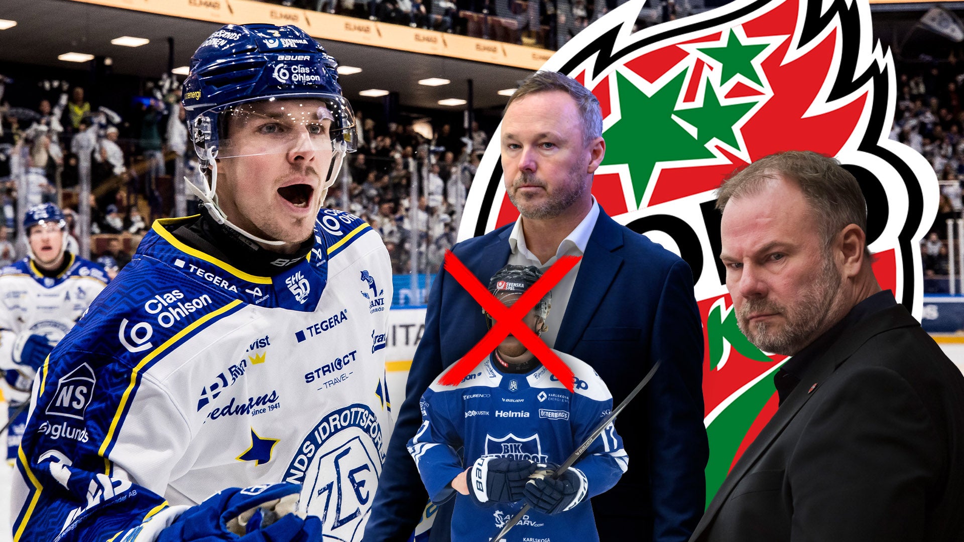 En ishockeyspelare i blå och vit tröja tillsammans med två män i kostym vid en ishockeymatch. En logo med röda och gröna stjärnor syns i bakgrunden.
