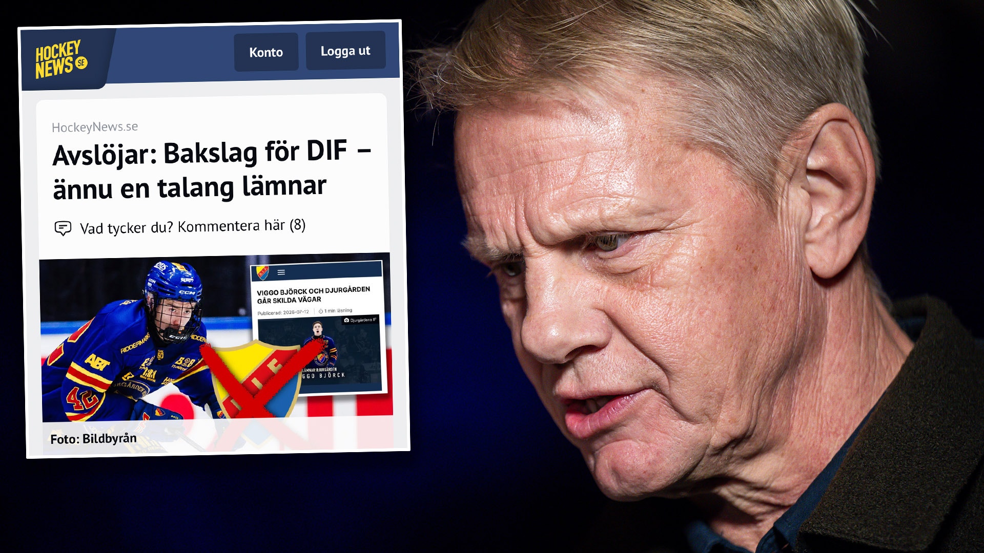 Porträtt av en man mot mörk bakgrund. Till vänster syns en skärmdump från HockeyNews.se med en artikel om ishockey och en spelare i blå tröja.