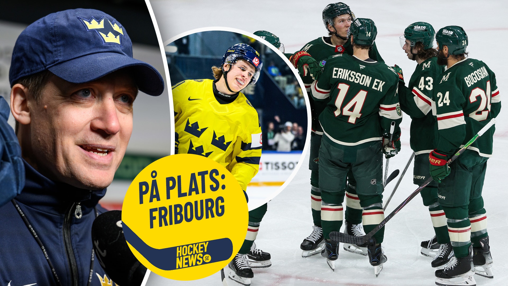 Collage med hockeyteman: man i blå mössa, spelare i gul och blå uniform, och grupp hockeyspelare i gröna uniformer. Logotyp för Hockey News Fribourg.