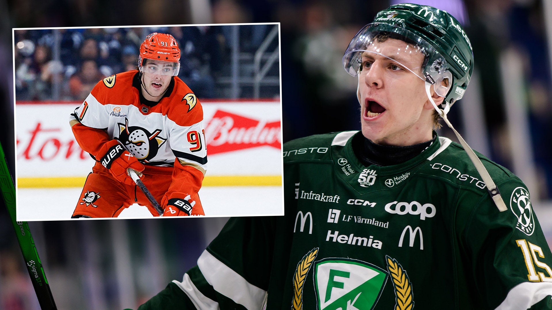 Två ishockeyspelare i olika trikåer. Till vänster en spelare i röd tröja och till höger en spelare i svart och grön tröja.