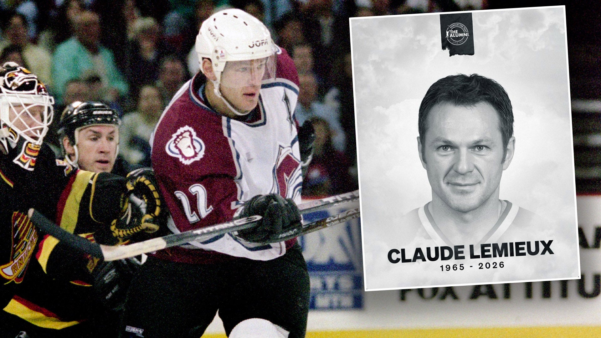 Sammansatt bild av hockeyspelaren Claude Lemieux som visar honom under en match och ett porträttfoto med minnesbeteckning från 1965 till 2026.