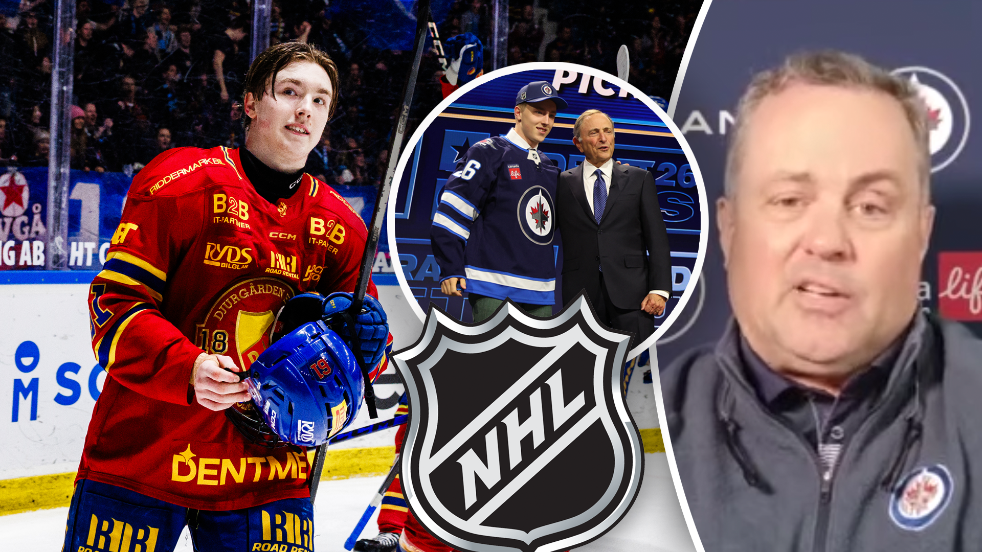 Collage med ishockeybilder: spelare i röd NHL-tröja, NHL-logotyp i mitten, och porträttbild av en man.