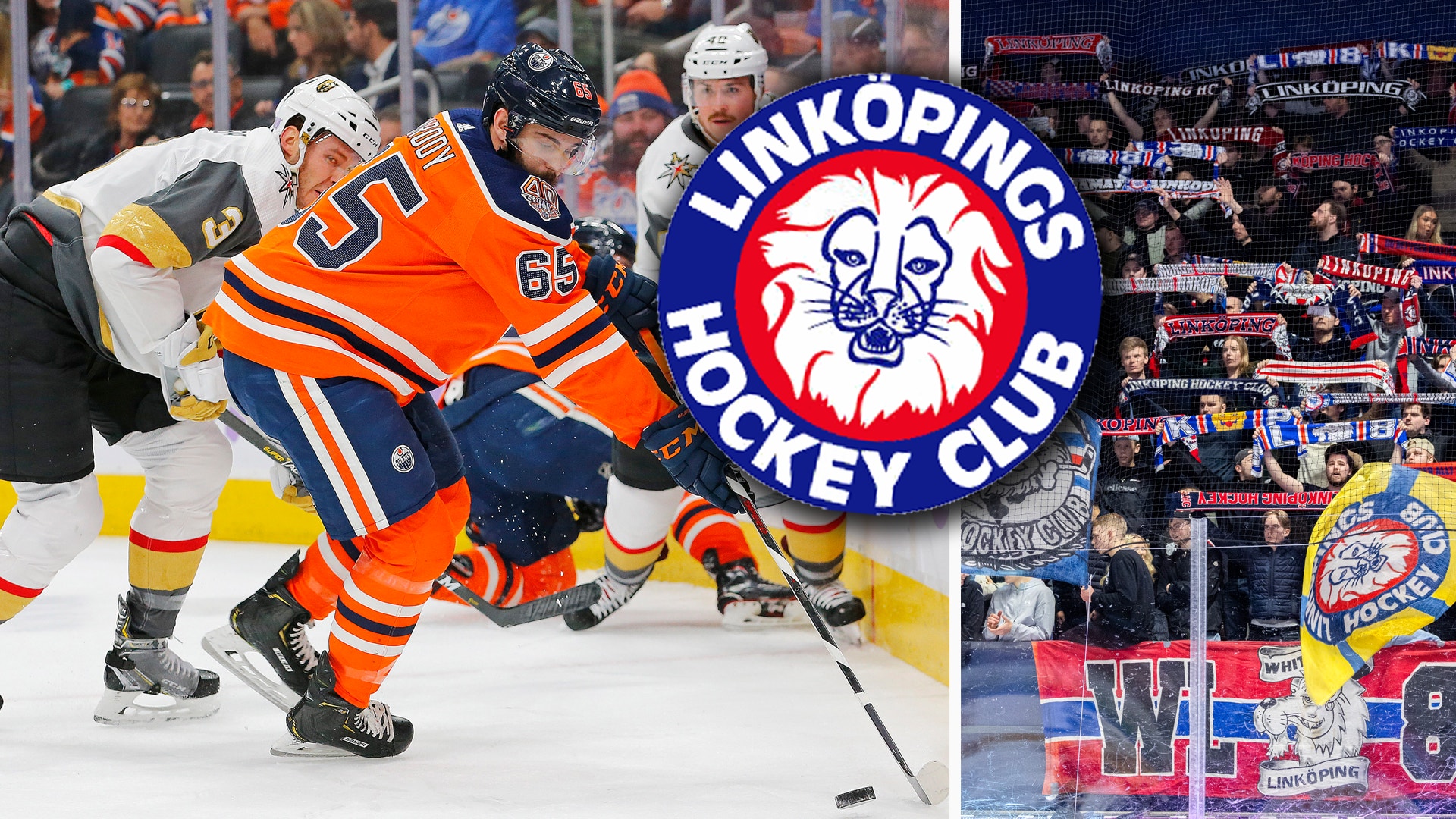 Ishockeyscener från Linköpings Hockey Club: spelare i orange och mörkblå tröjor kämpar om pucken på isen, och supportrar i läktaren med klubbens logotyp och flaggor.