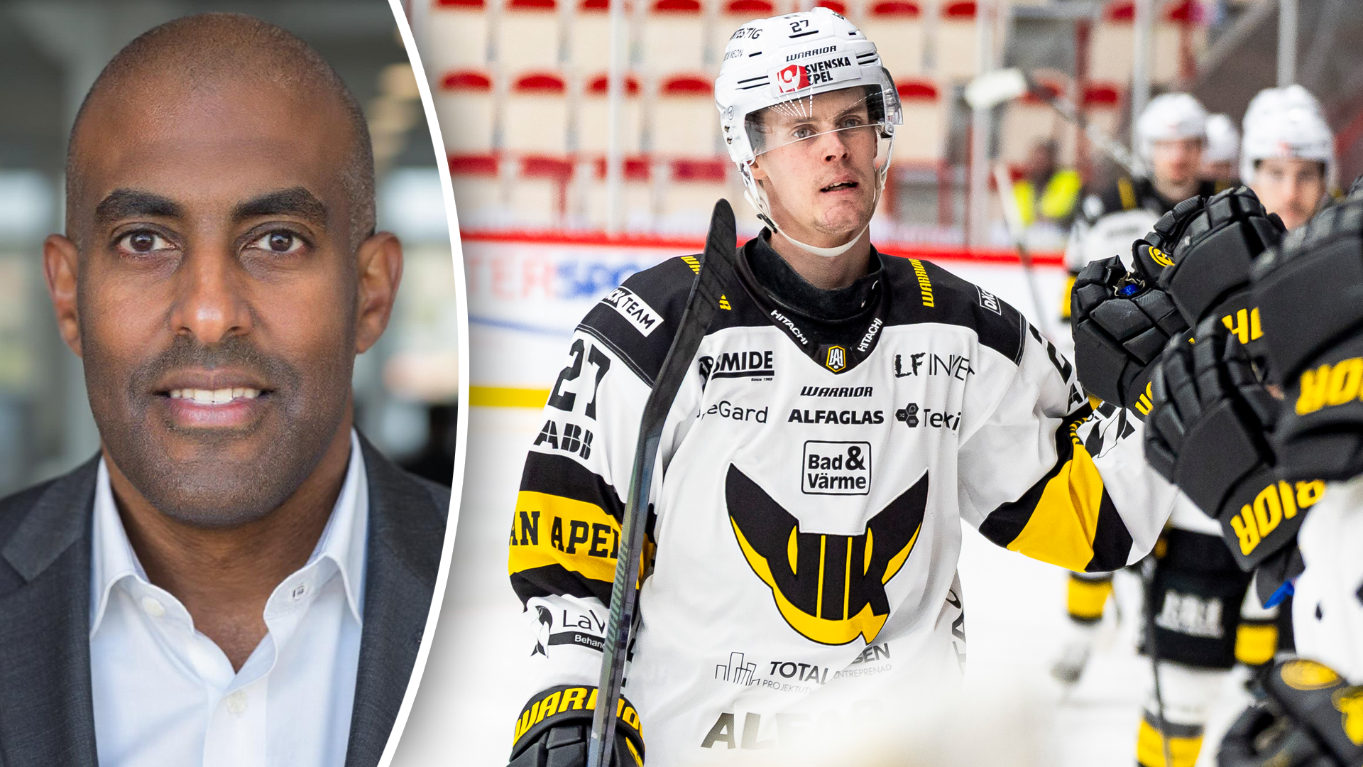 Sammansatt bild som visar en man i porträtt på vänster sida och en ishockeyspelare i svart och gul drakt på isen på höger sida.