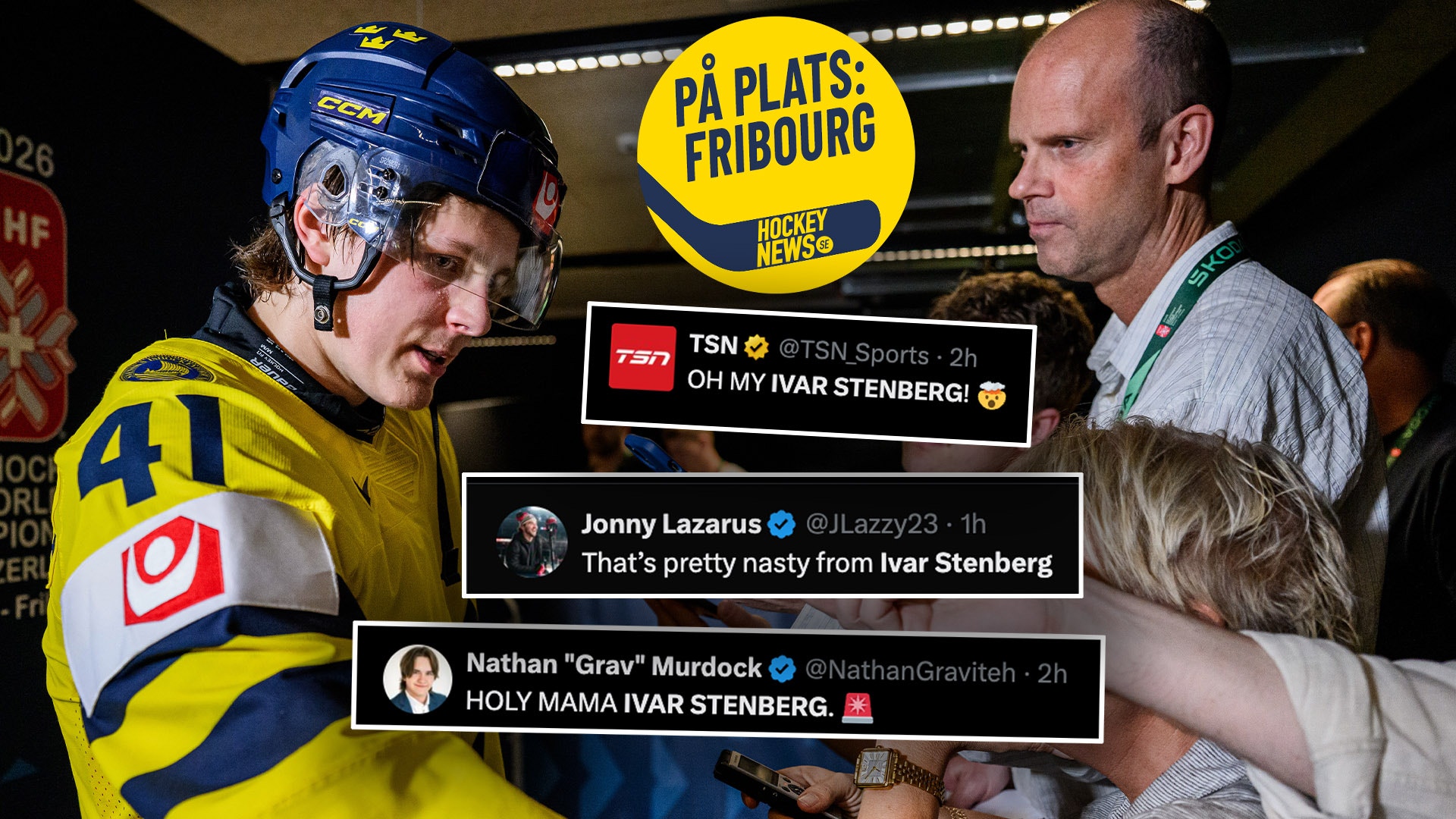 Ishockeyspelare i gul och blå tröja intervjuas vid en match. Bilden visar även reaktioner från sociala medier.