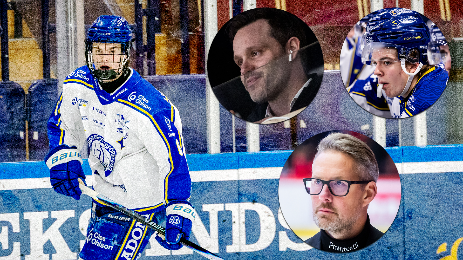 Ishockeyspelare i blå och vit tröja på isen, med tre porträttcirklar av män överlagda på bilden.